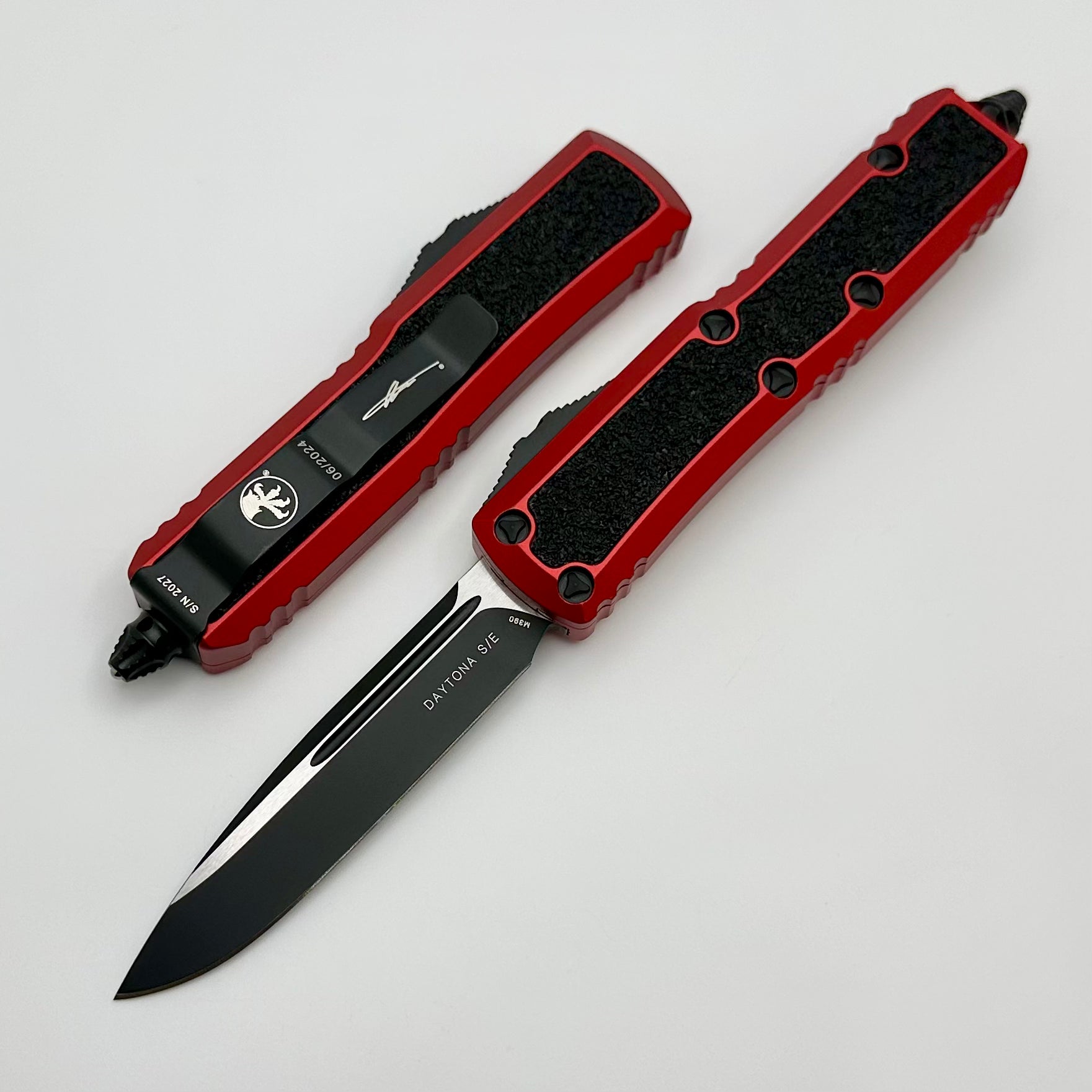 Microtech Daytona Red Premium Folding Knife with Grip Inlays & Black Single Edge