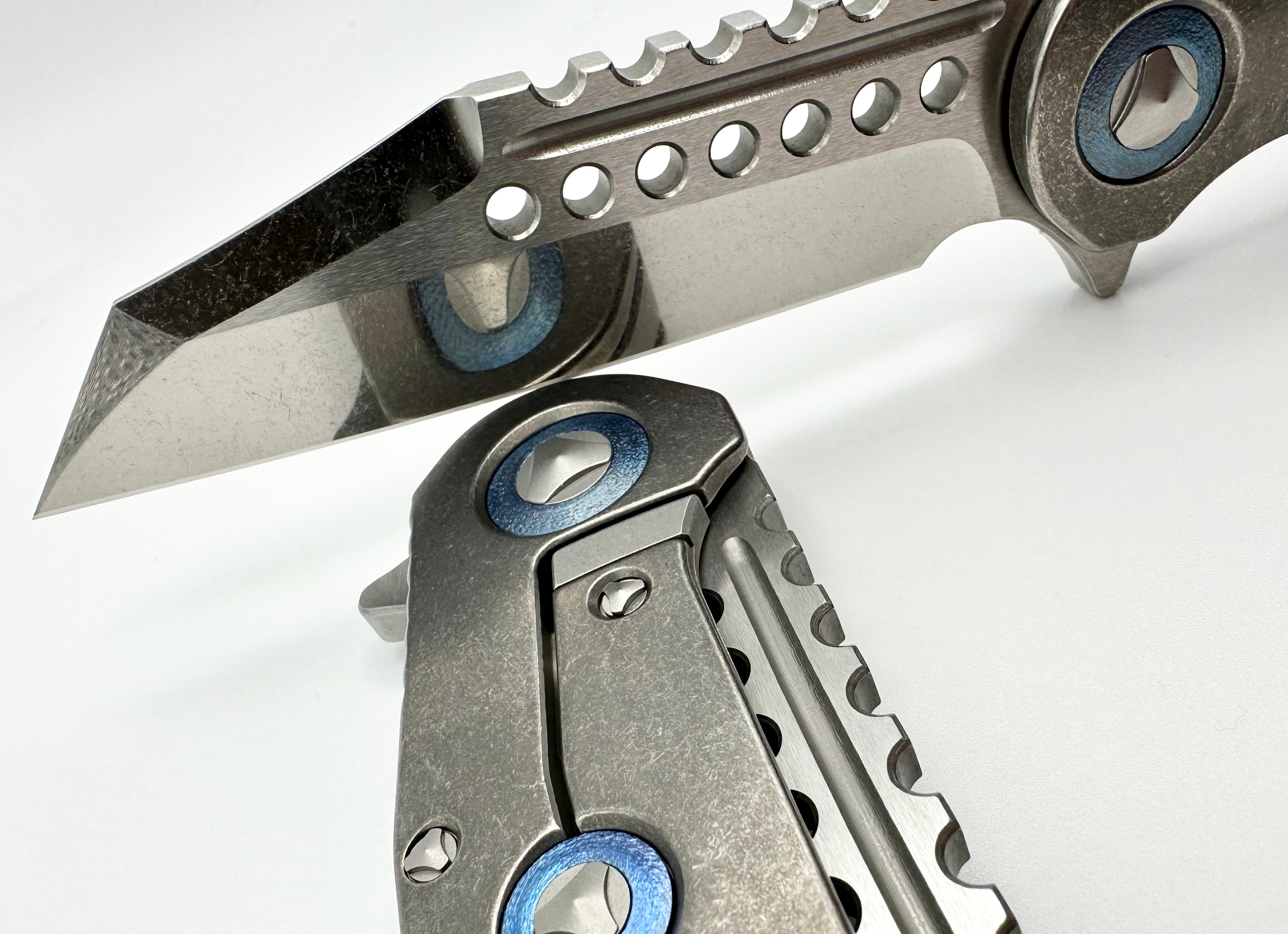 Marfione Custom Warhound Titanium Knife - Premium Stonewash Finish with Deep Engraved Dagger Relief & Blue Accents