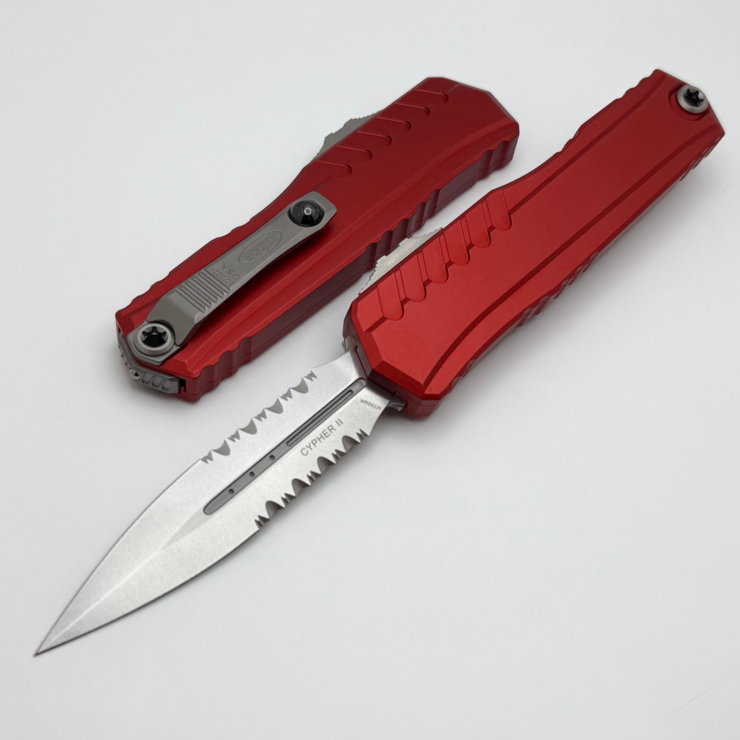 Microtech Cypher II D/E Stonewash Partial Serrated Knife - Red Handle (1242-11RD)