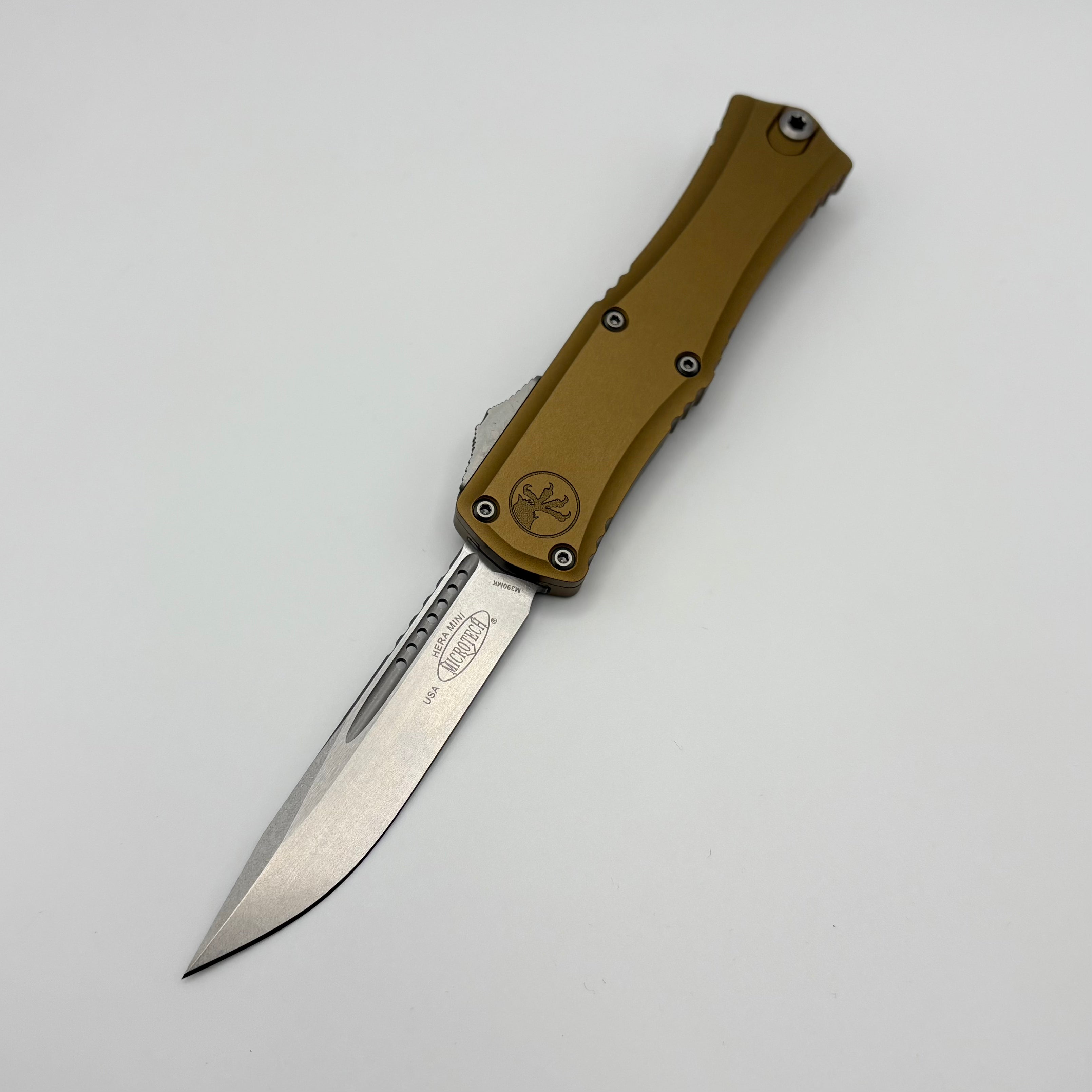 Premium Pre-Owned Microtech Mini Hera 30th Anniversary EDC Knife - Stonewash S/E M390MK with Tan Handle