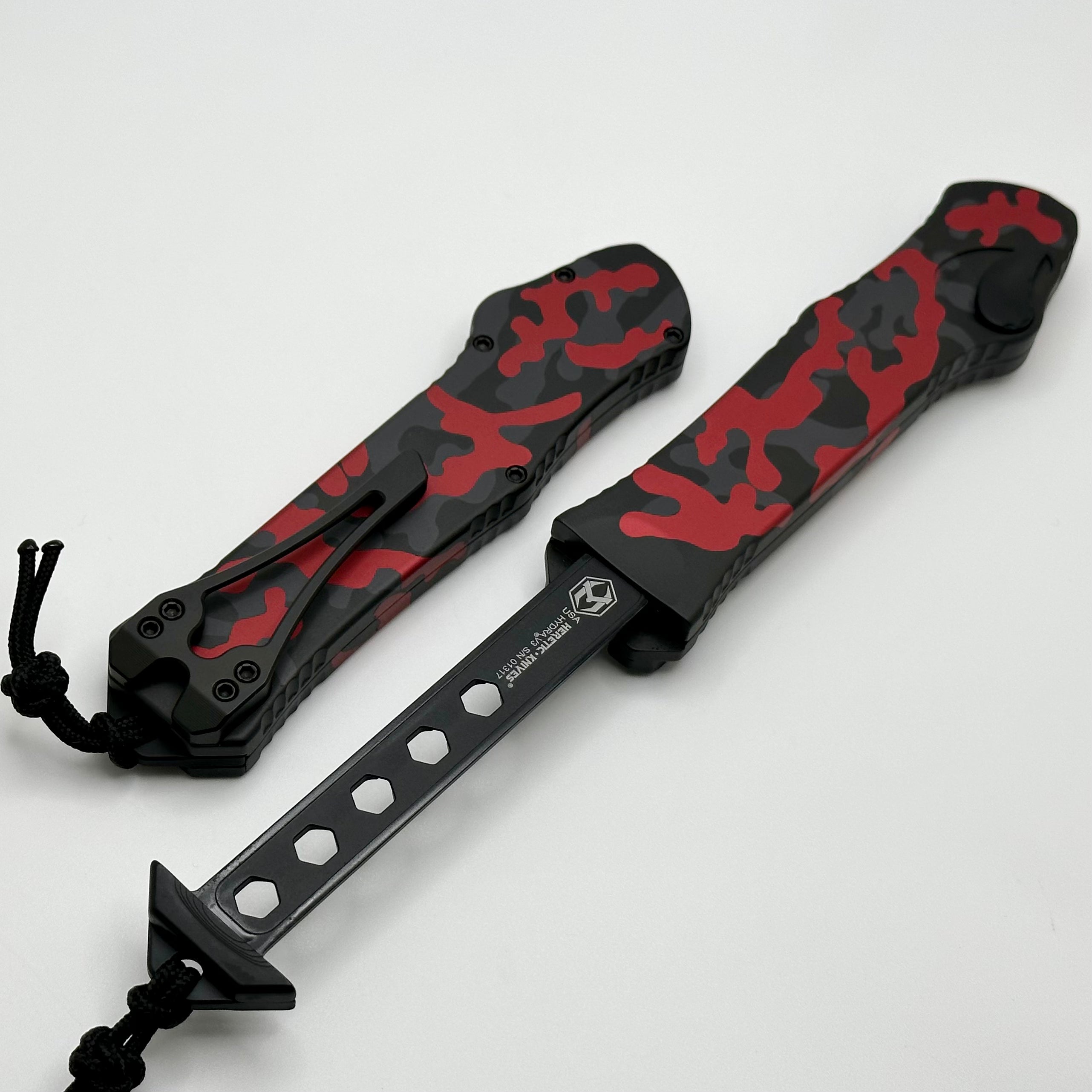 Heretic Hydra V3 Ultimate Tactical Knife - Red Camo Aluminum Handle & Two Tone Cerakote Recurve MagnaCut