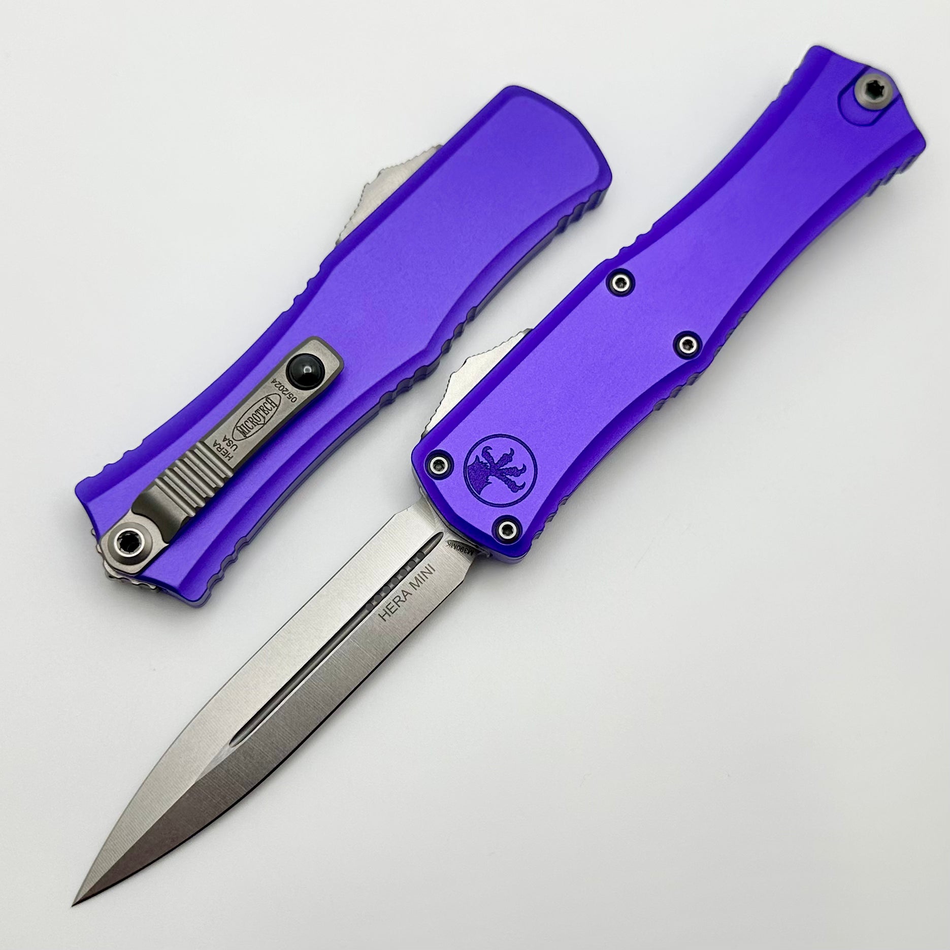 Premium Microtech Mini Hera OTF Knife - Stonewash M390MK Blade & Purple Aluminum Handle