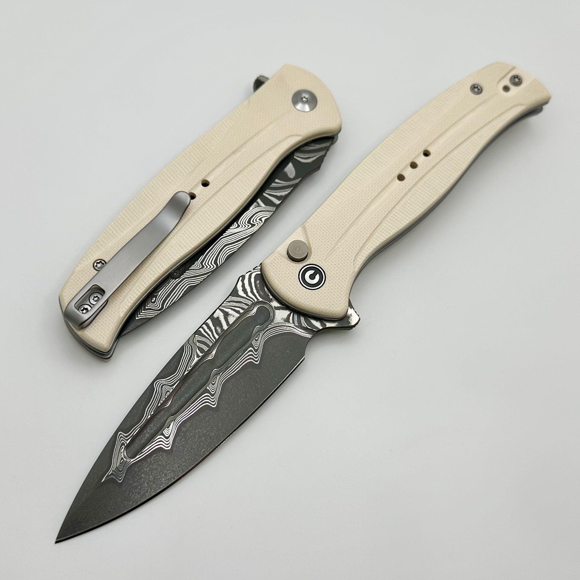 Civivi Incendie Premium Button Lock Flipper Knife with Ivory/White G-10 Handles & Damascus Blade