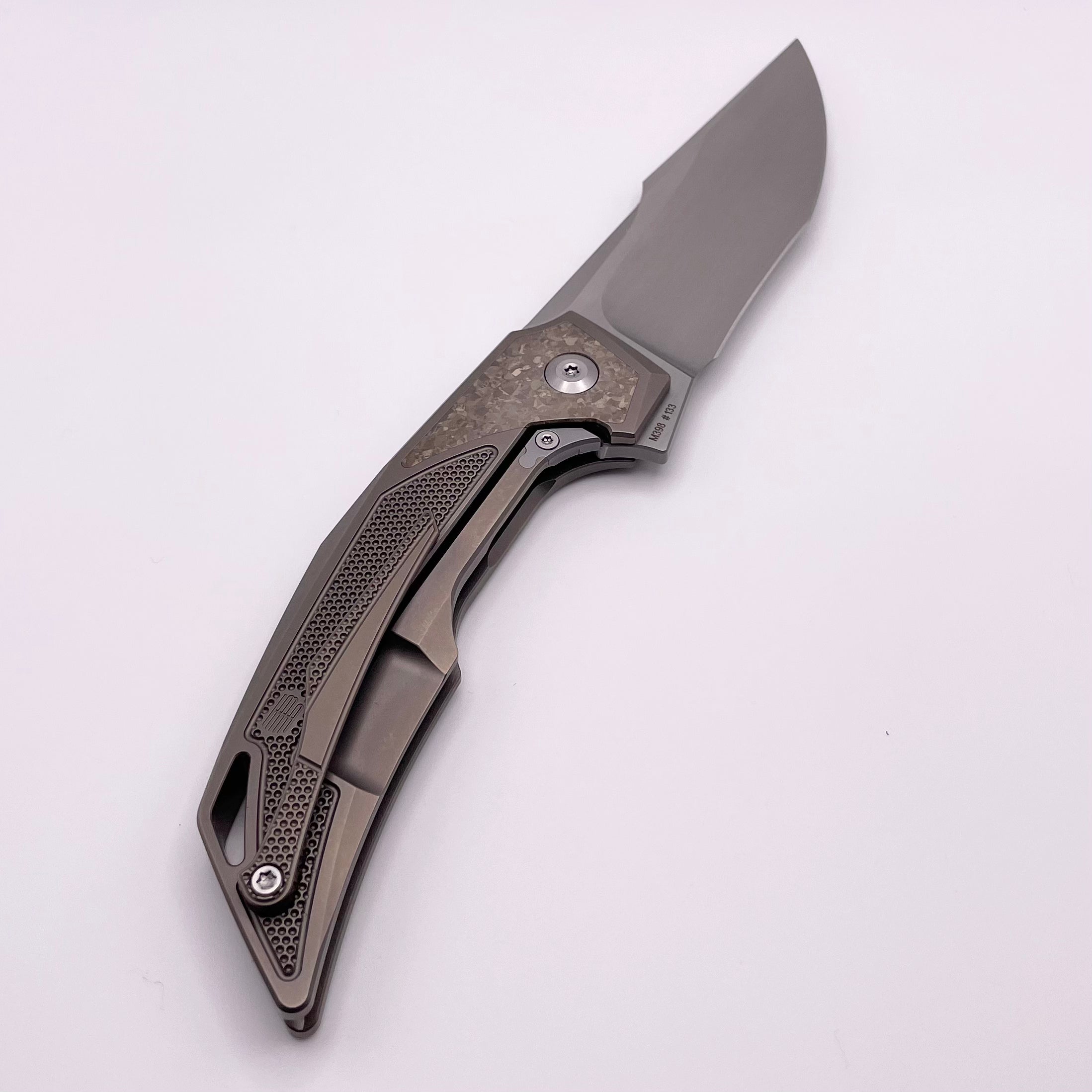 Premium Pre-Owned Custom Knife Factory Justice Bronze w/ CrystalTi & Hand Satin M398 - Ultimate EDC Companion