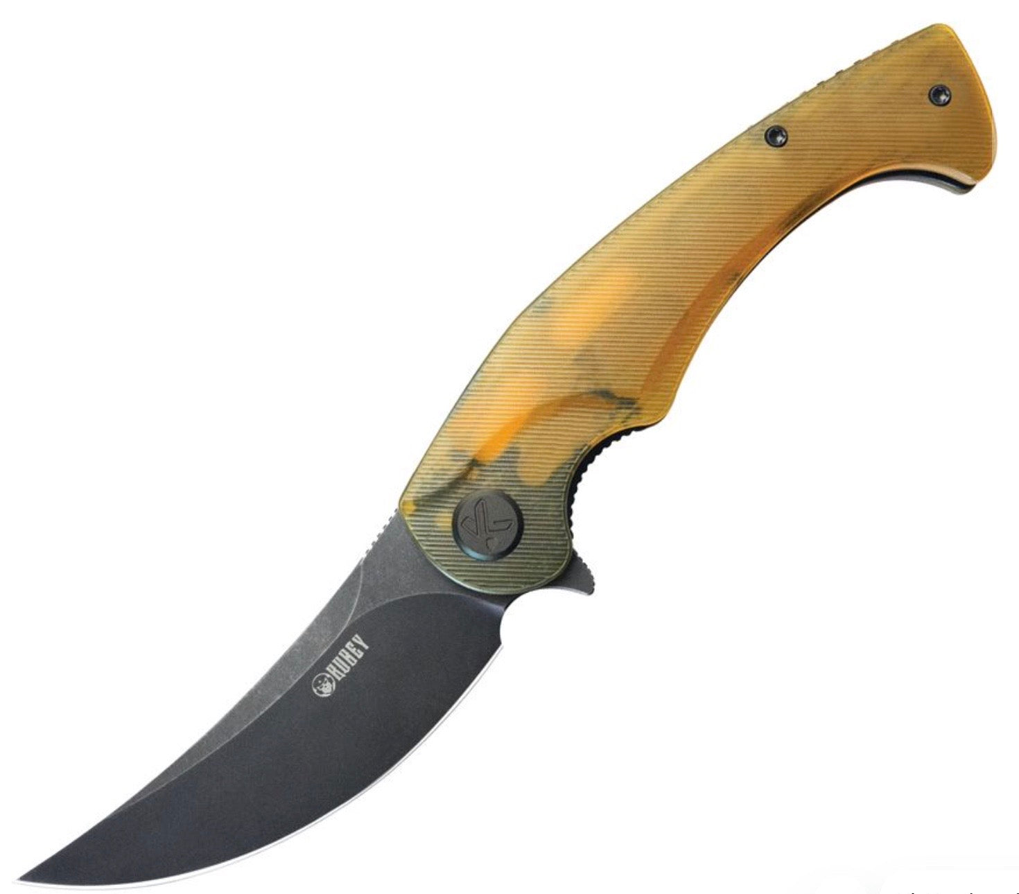 Kubey Scimitar Premium Folding Knife - Ultem Handles & Black 14C28N Blade KU173H
