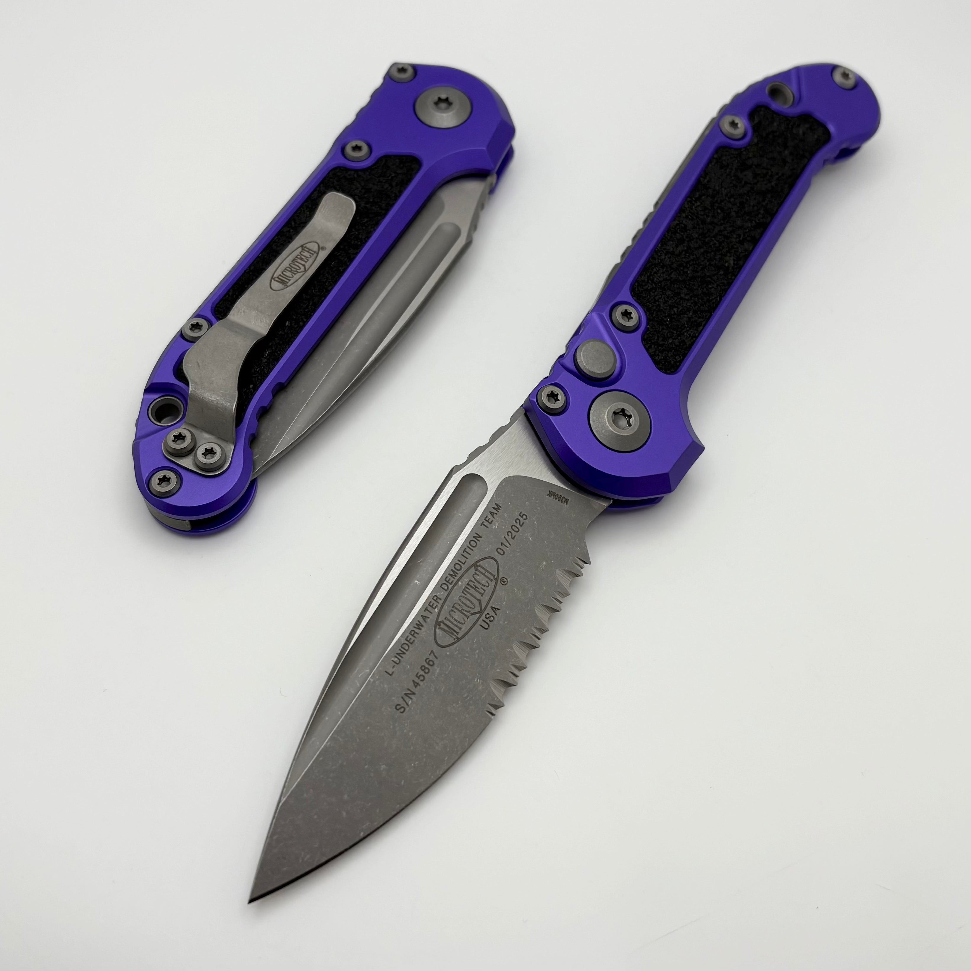 Microtech LUDT Gen III Apocalyptic Tactical Knife - Purple Aluminum Handle, Partial Serrated Blade