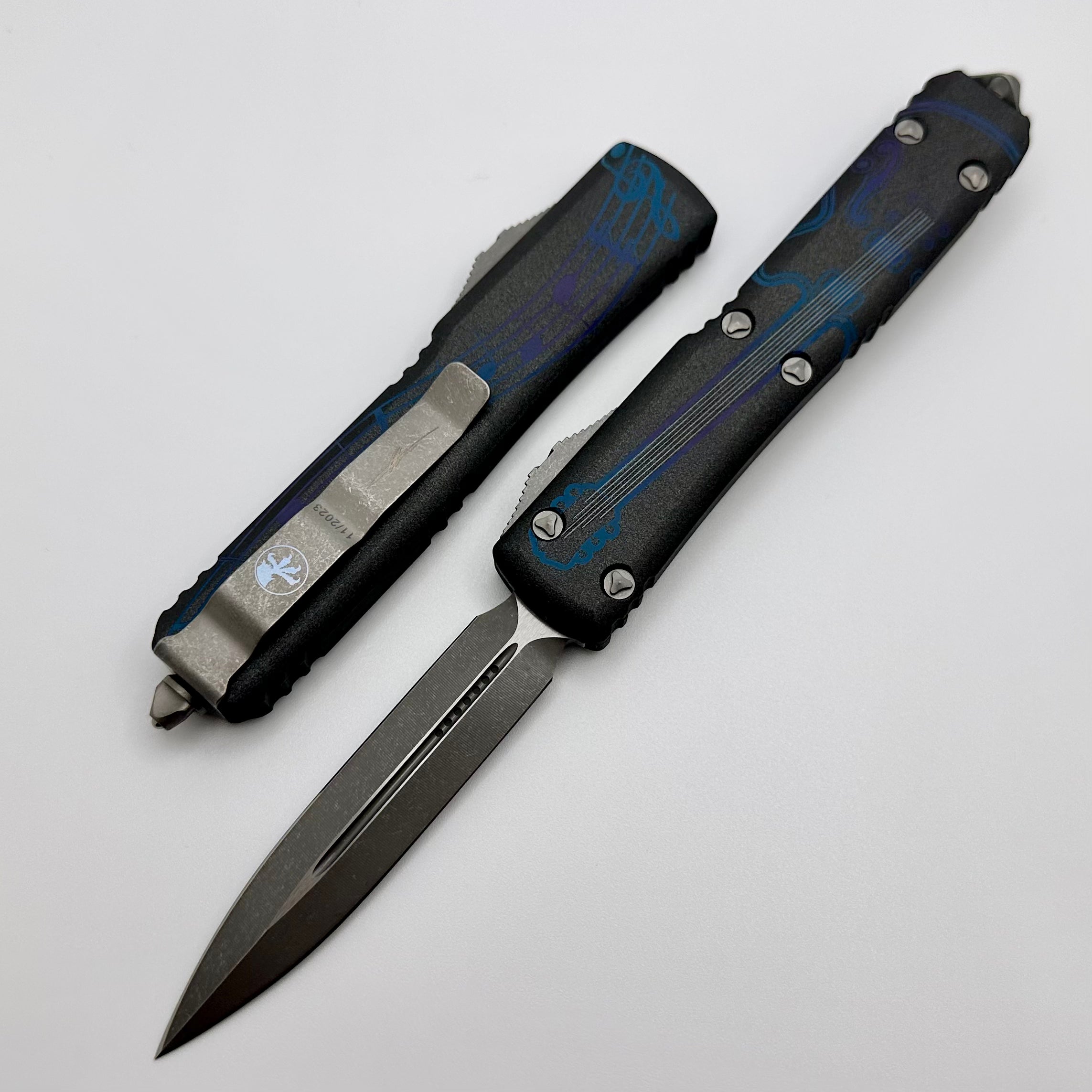 Microtech Ultratech NCKS 2023 Premium Double Edge OTF Knife - Blue & Purple Apocalyptic Finish