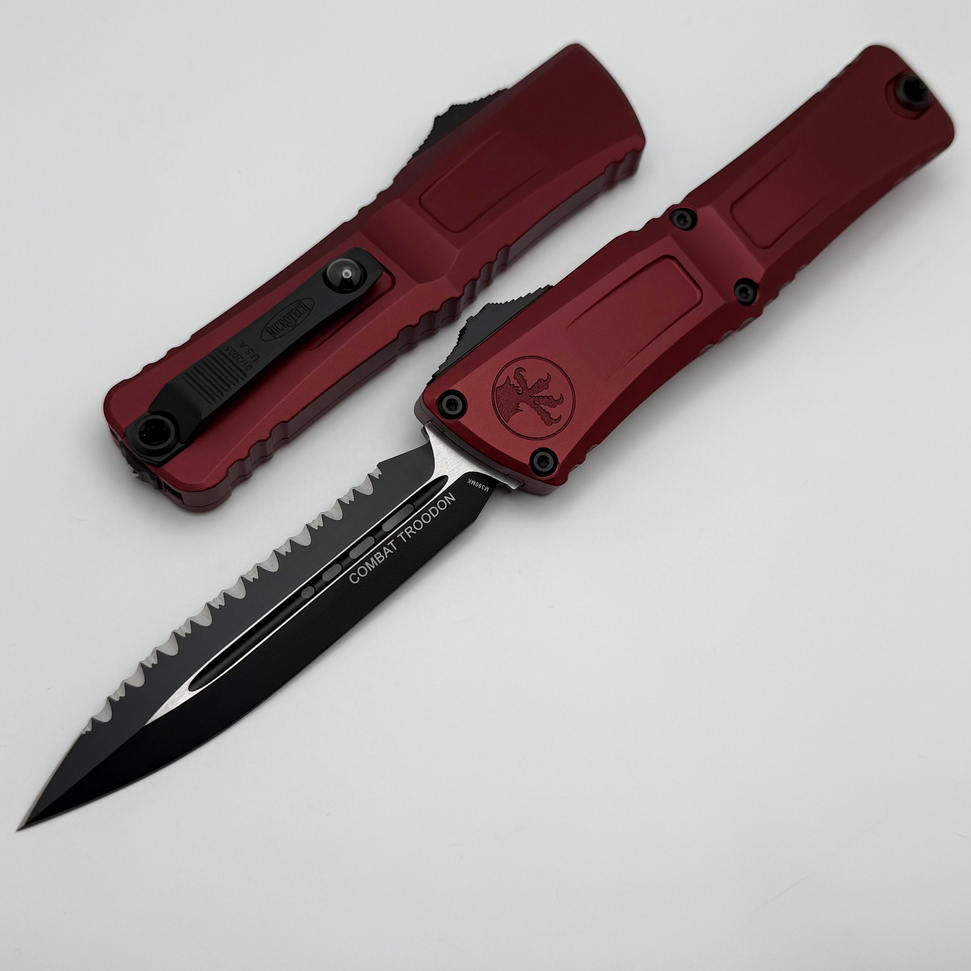 Premium Microtech Combat Troodon Gen III Tactical Knife - Black D/E Full Serrated with Merlot Handle