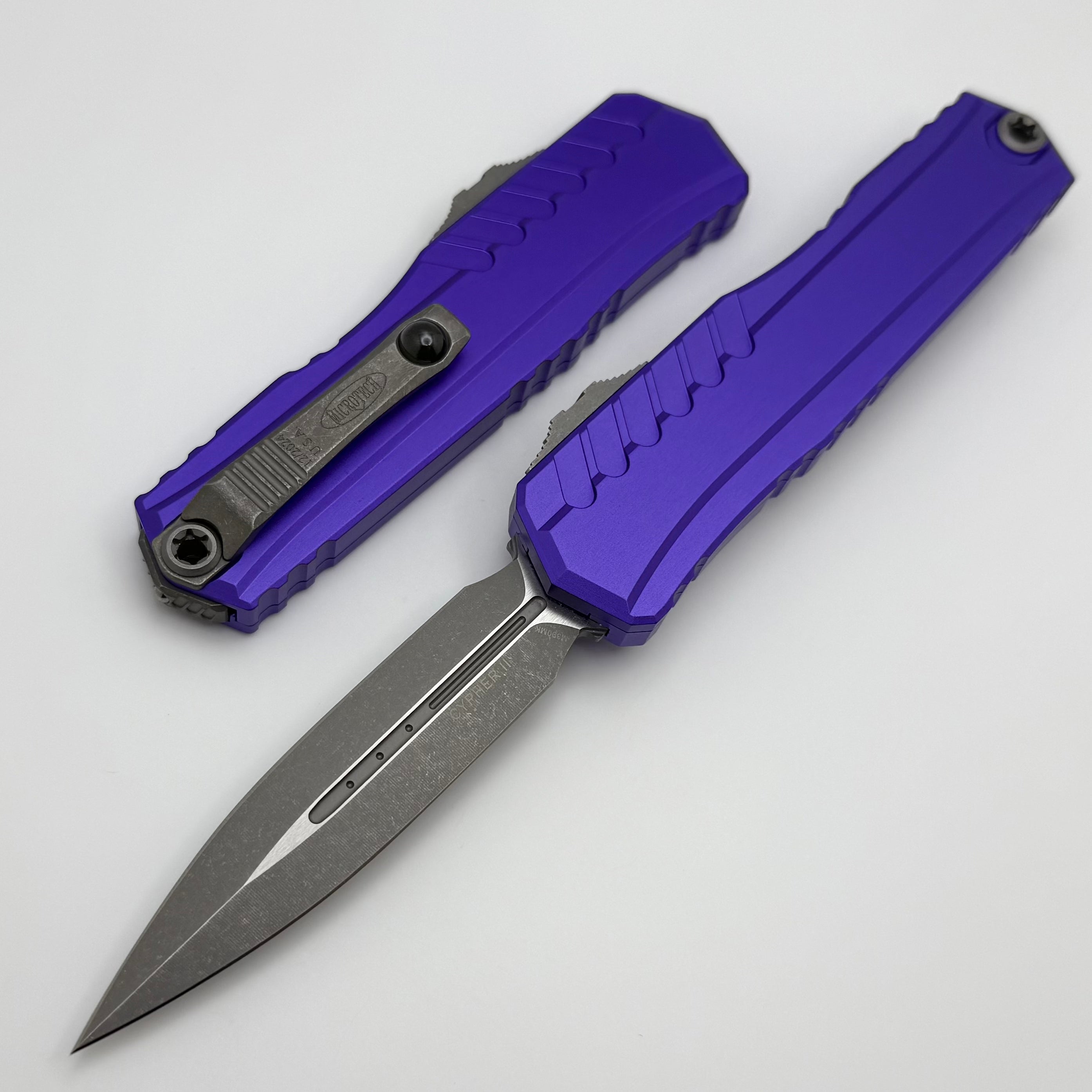 Microtech Cypher II Apocalyptic OTF Knife - Premium D/E Blade & Purple Aluminum Handle