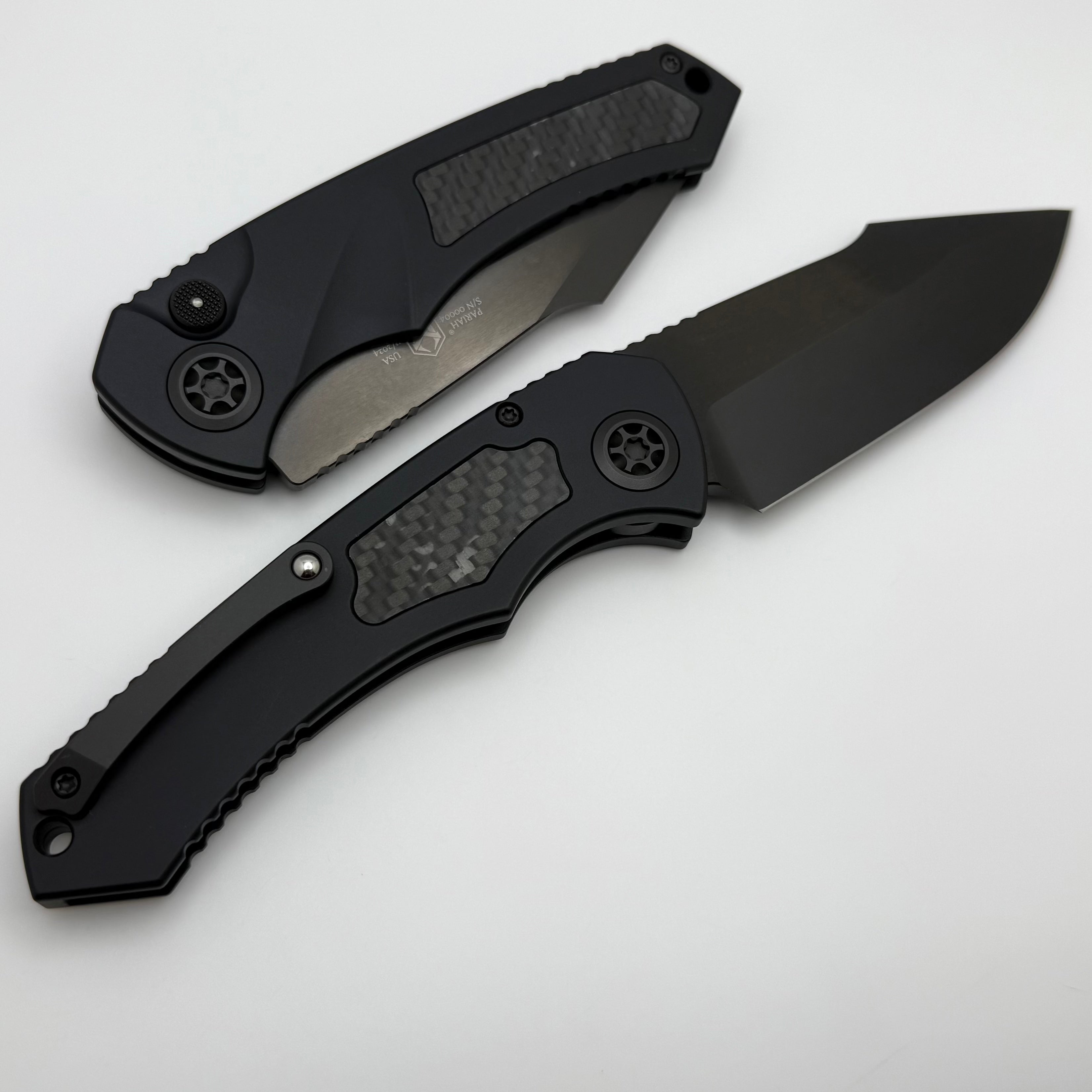 Heretic Knives Pariah Auto: Premium Tactical Knife with Tritium Button & GITD Carbon Fiber Inlays