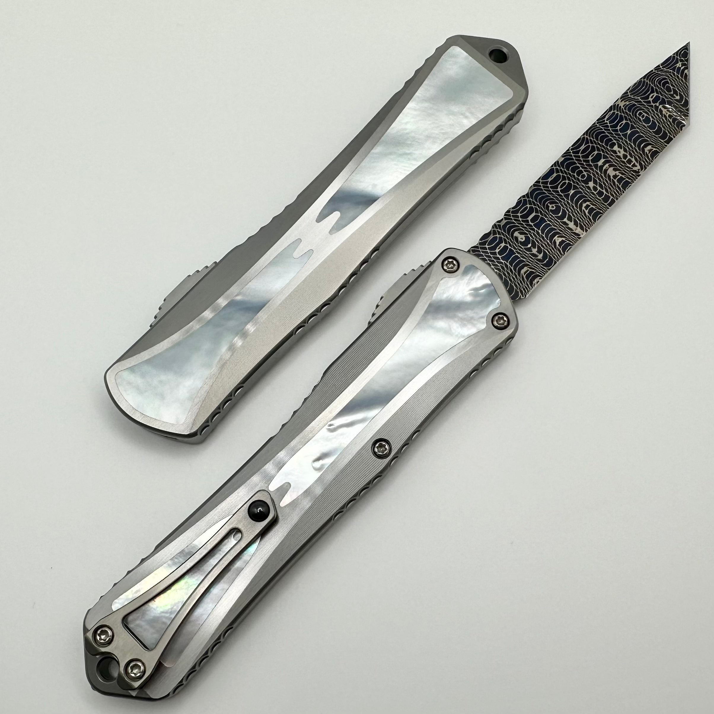 Heretic Knives Manticore X: Premium Vegas Forge Damascus Tanto OTF Knife with Stainless Steel Handle & Mother of Pearl Inlays