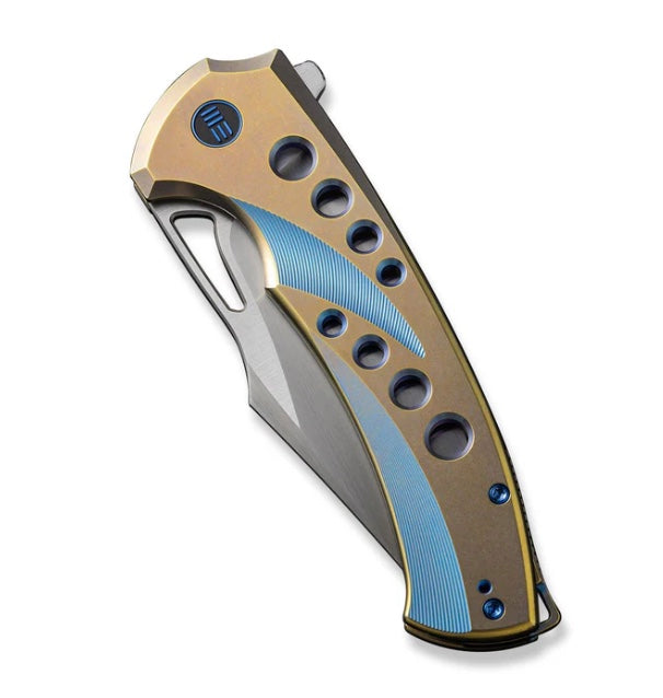 Premium WE Knife Swiftfin: Golden/Blue Titanium Handles with Blue Holes & Hand Satin 20CV Blade WE23051-4