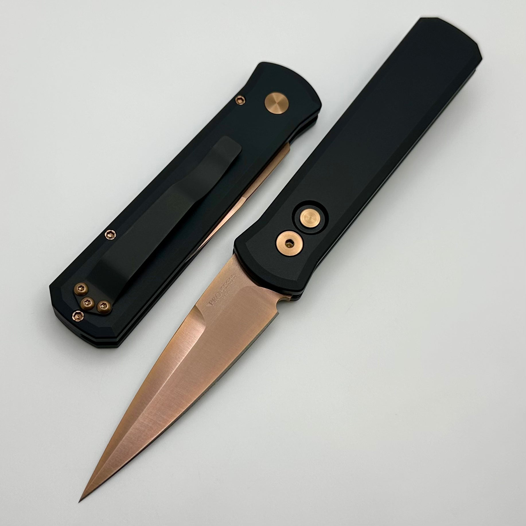 Pro-Tech Godson Premium Automatic Knife - Black Handle & Rose Gold 154-CM Blade