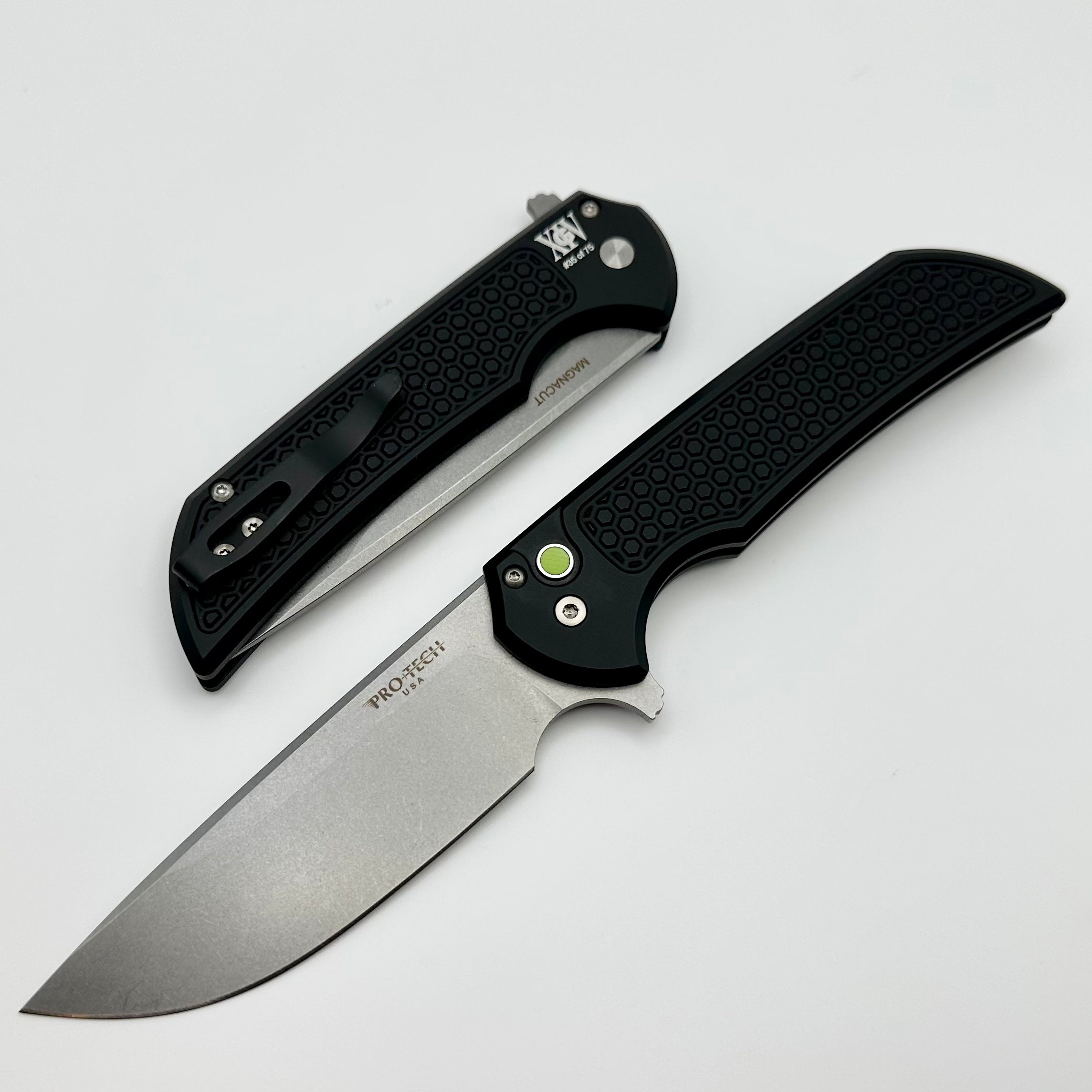 Ultimate Pro-Tech Mordax Flipper Knife - Honeycomb Textured Black with Green G10 Button & Stonewash MagnaCut Blade