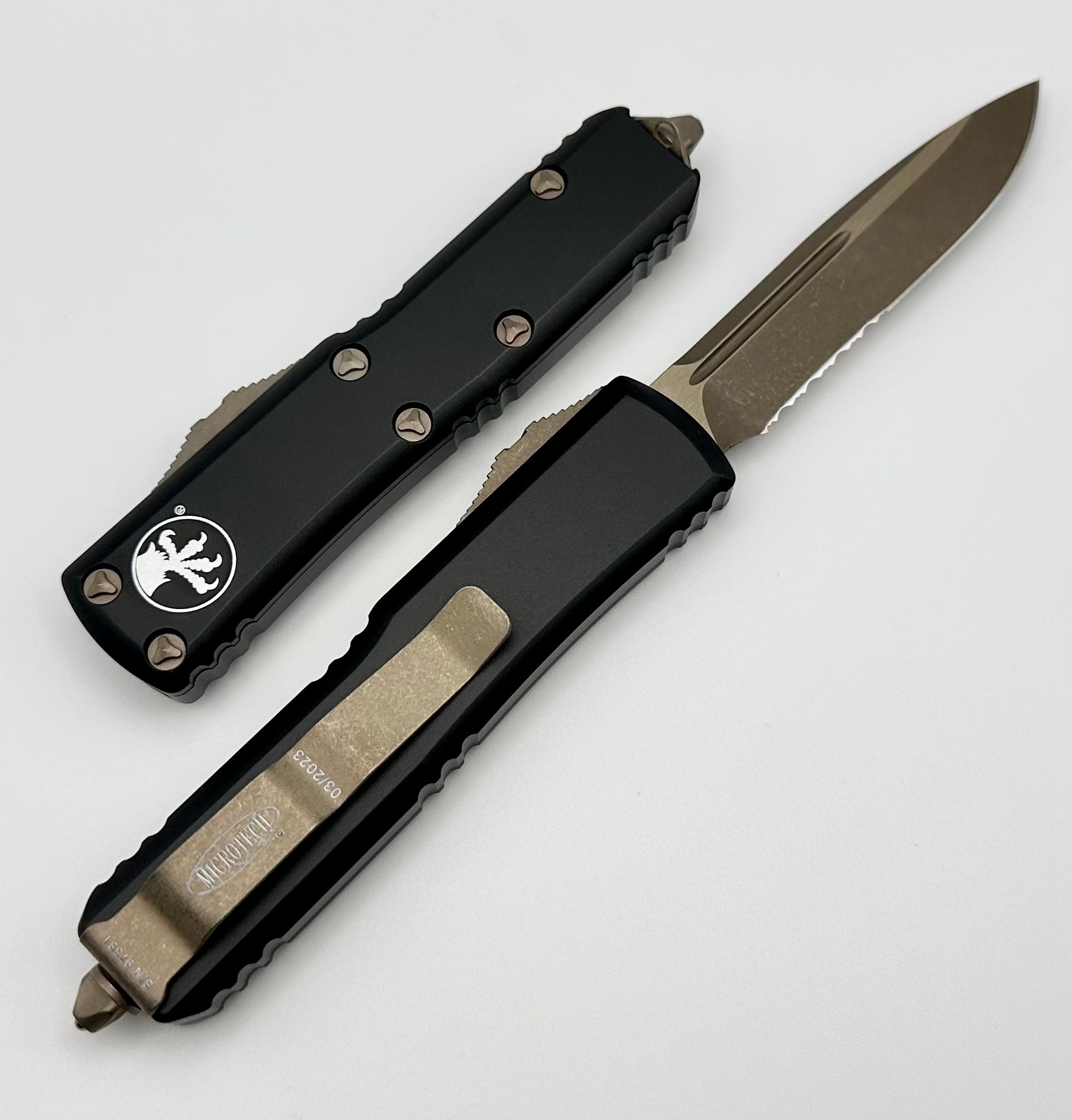 Microtech UTX-85 Apocalyptic Bronze EDC Knife - Partial Serrated & Black