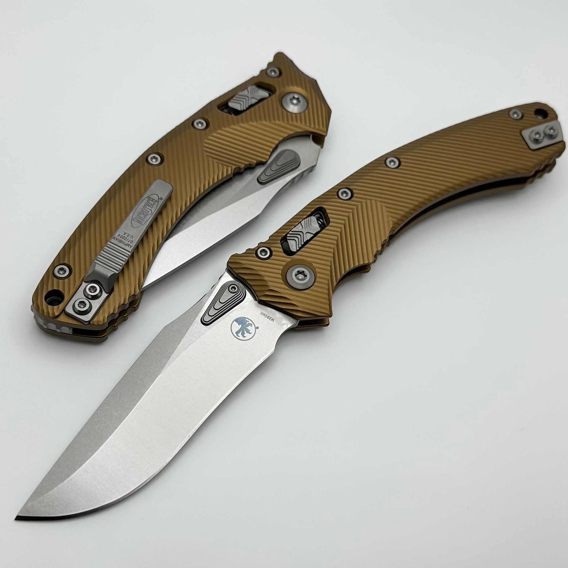 Microtech Amphibian RAM LOK Tactical Knife - Premium Tan Fluted Aluminum & Stonewash M390MK