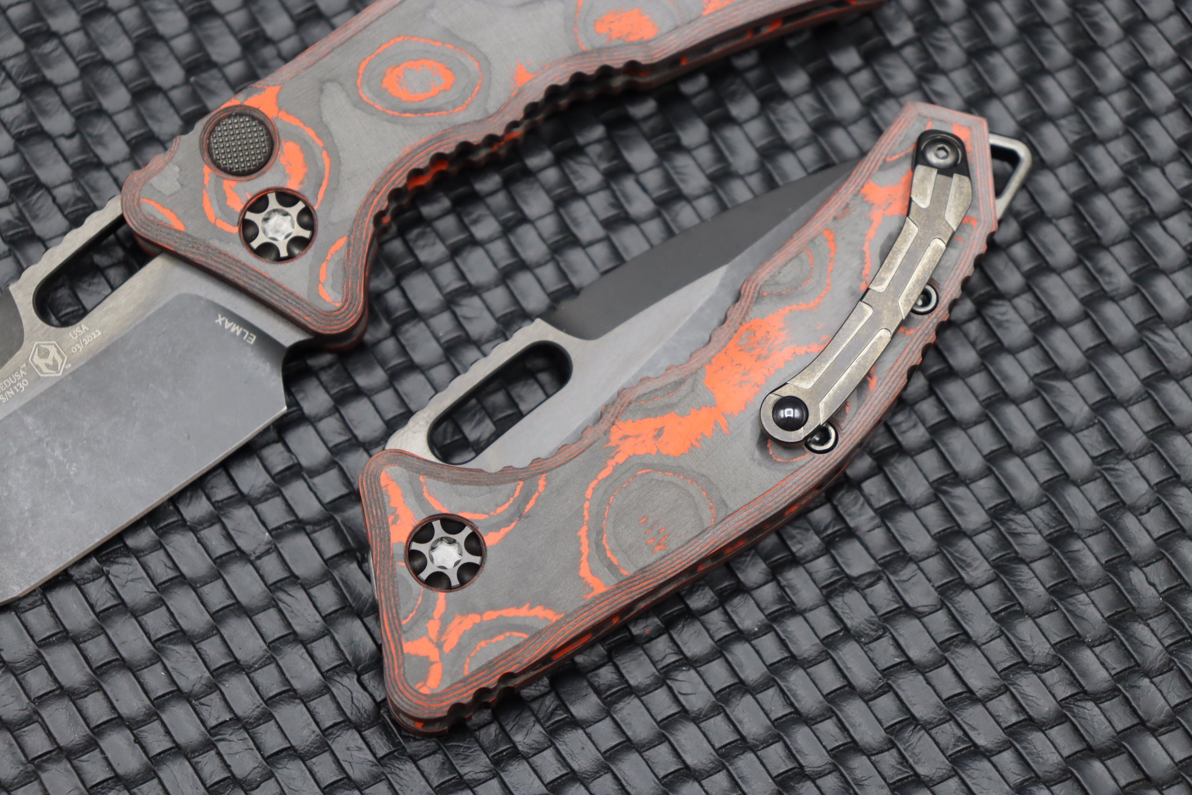 Premium Heretic Knives Medusa: Orange Camo Carbon Handles & DLC Tanto Blade