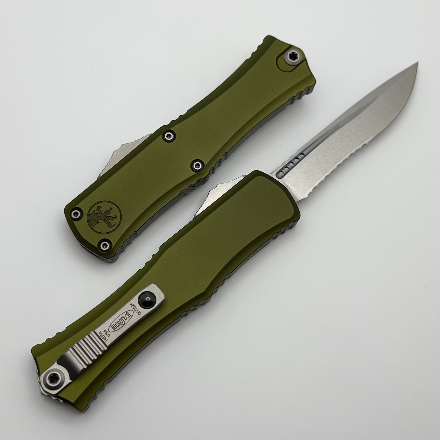 Microtech Hera II Mini Premium EDC Knife - Stonewash Serrated M390MK Blade with OD Green Handle