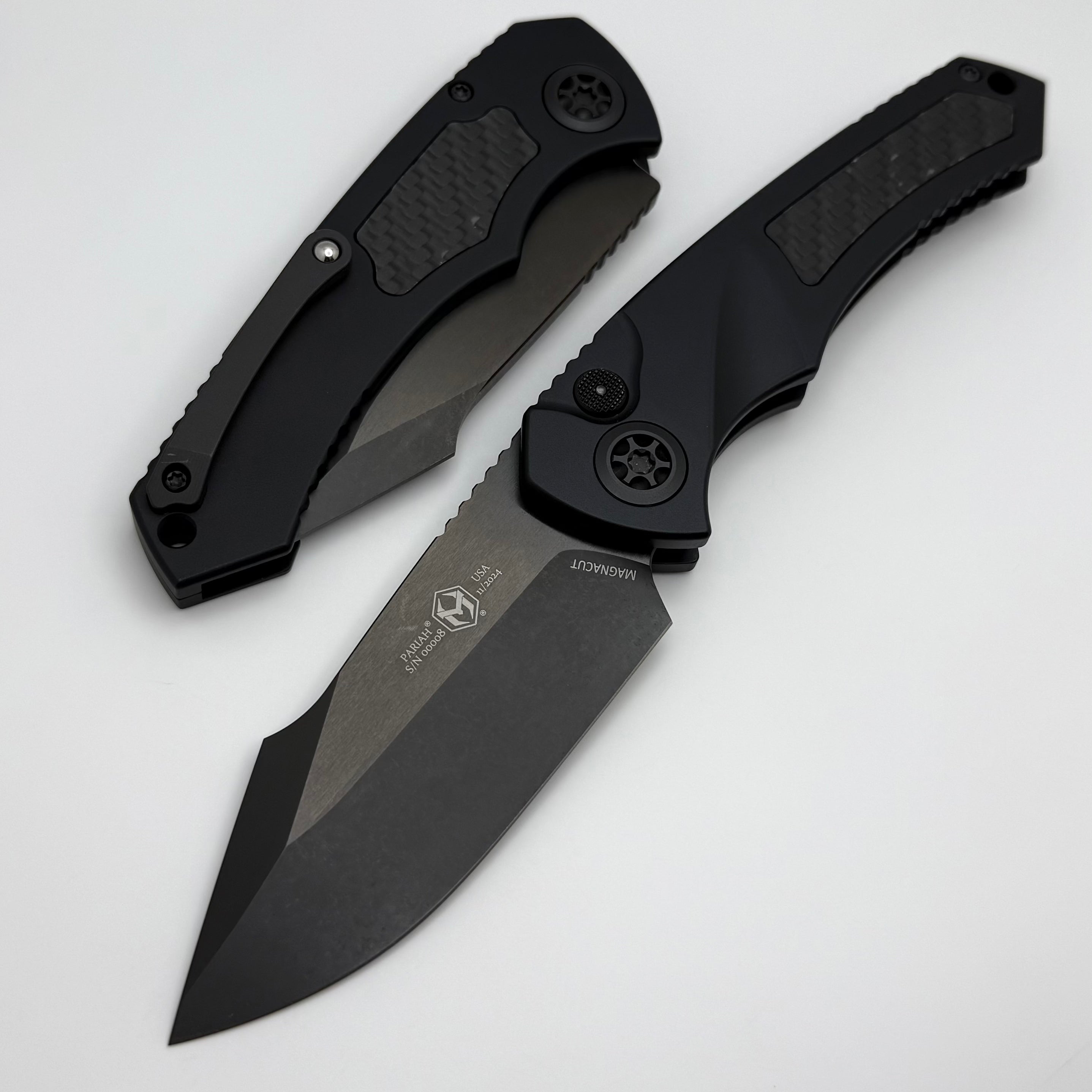 Heretic Knives Pariah Auto: Premium Tactical Knife with Tritium Button & GITD Carbon Fiber Inlays