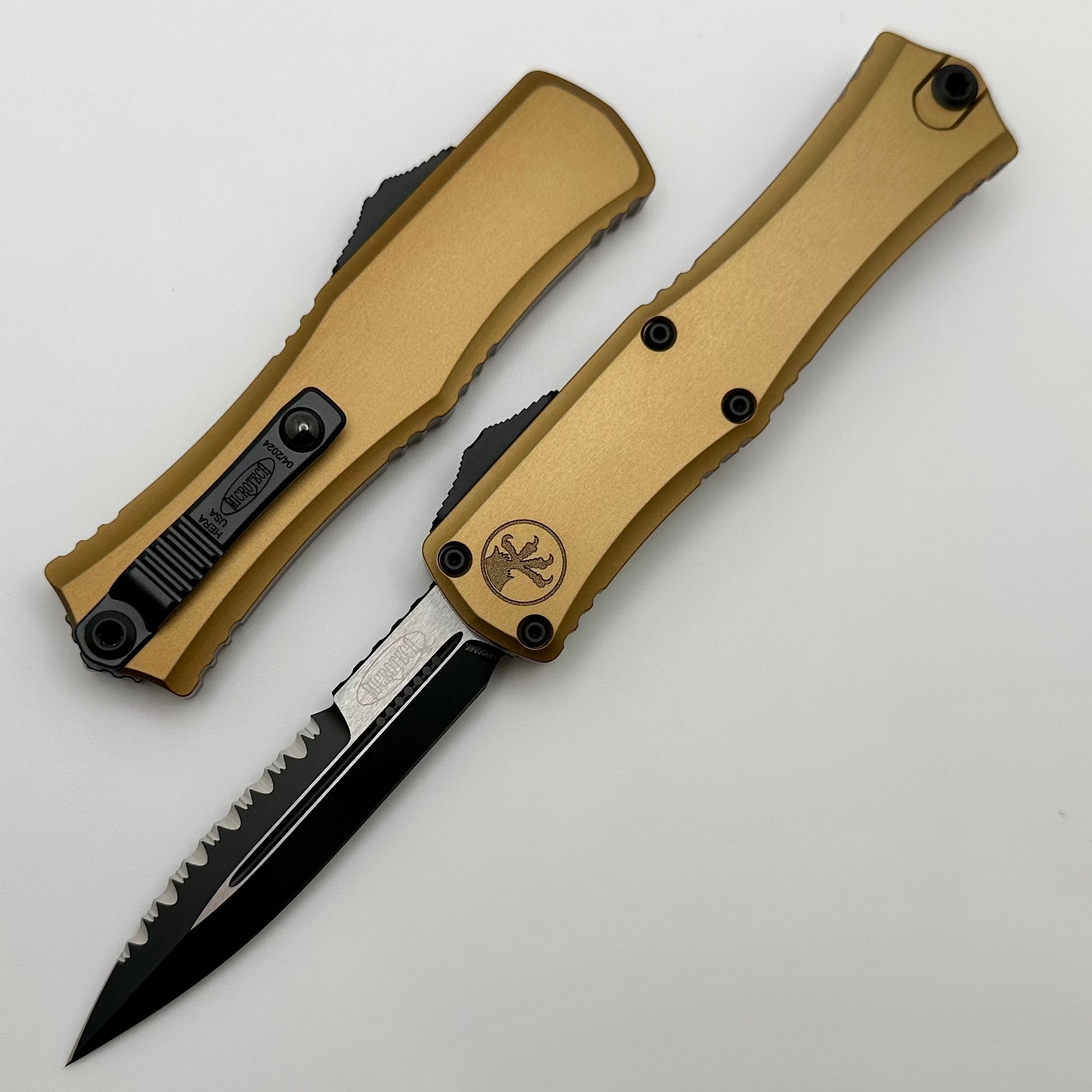 Microtech Premium Mini Hera Tan OTF Knife - Full Serrated Bayonet, M390MK Steel