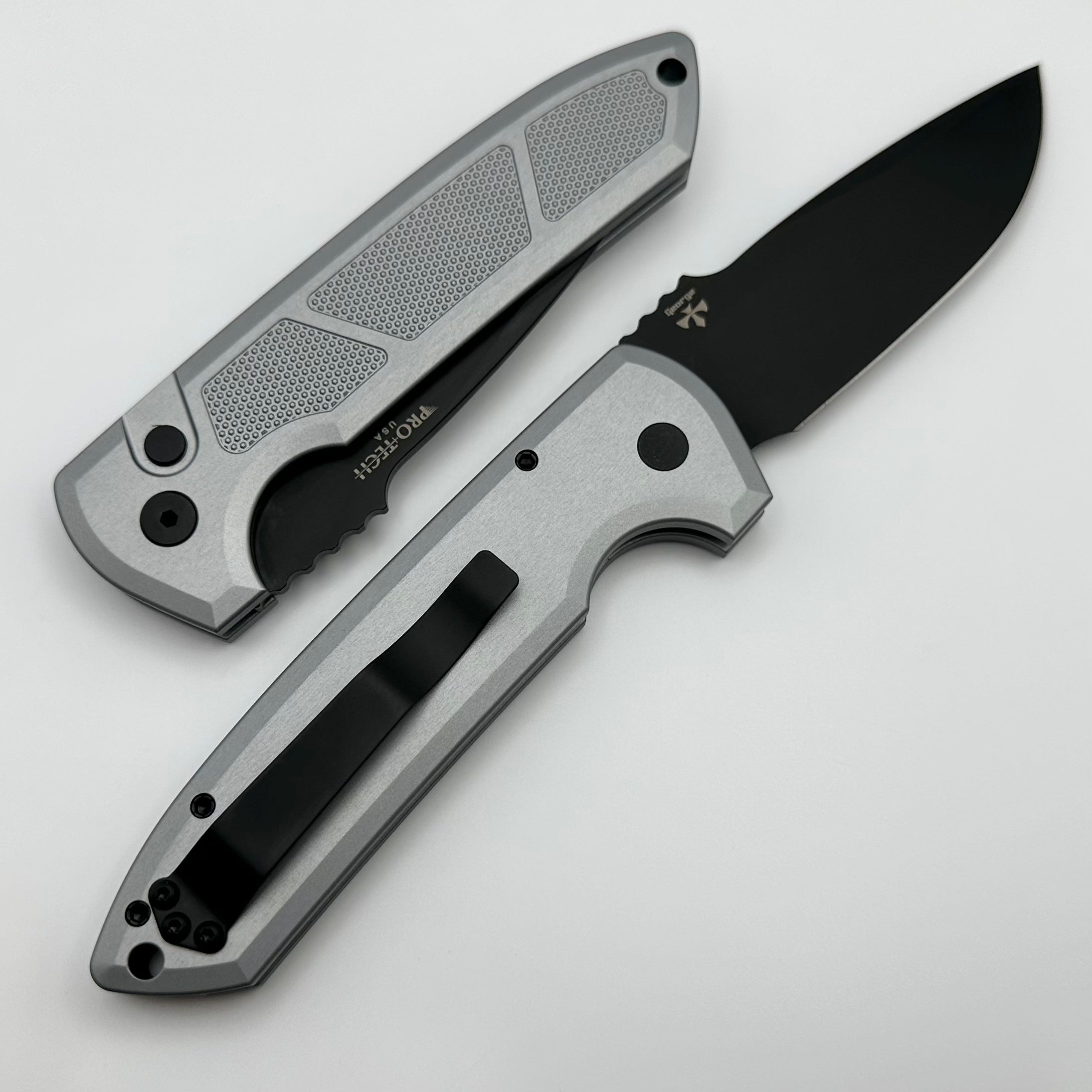 Pro-Tech Les George Rockeye Grey Knurled Handle Folding Knife - Premium DLC CPM-S35VN Blade