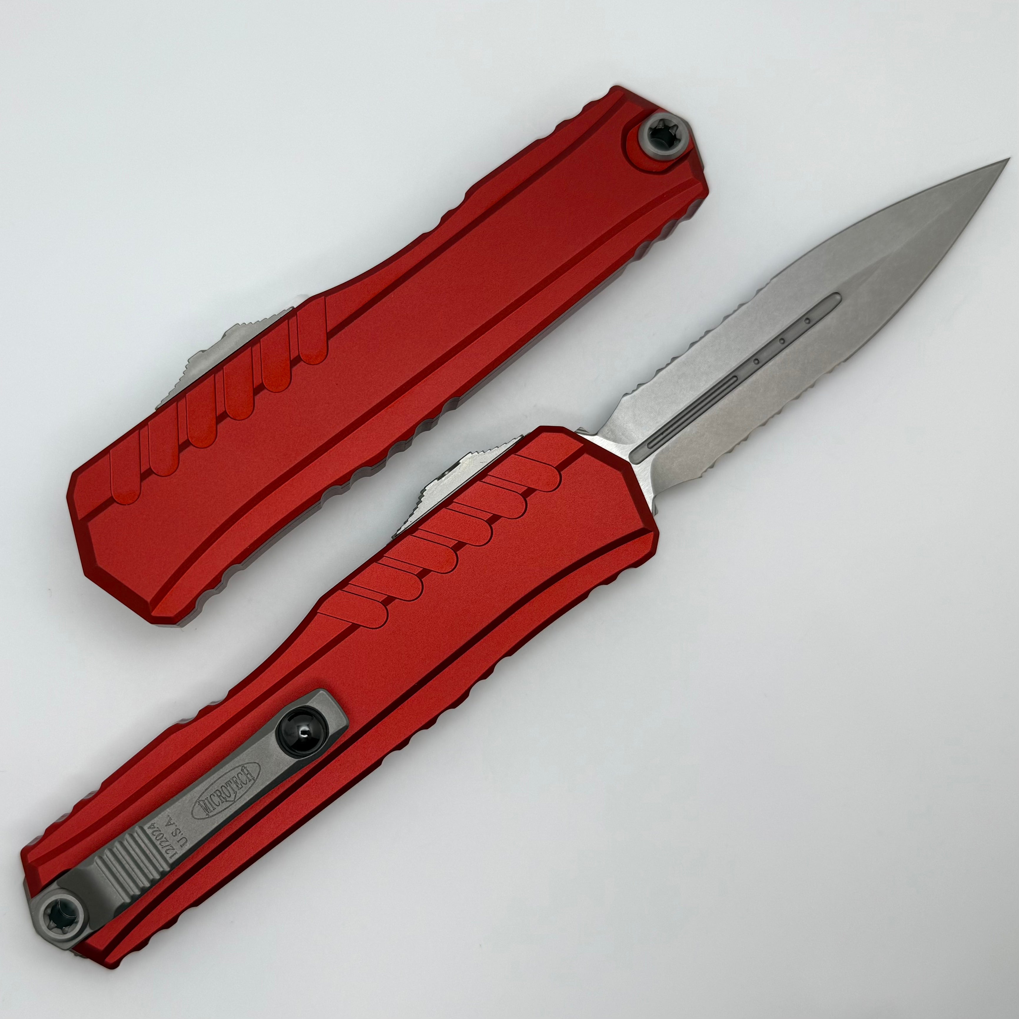 Microtech Cypher II D/E Stonewash Partial Serrated Knife - Red Handle (1242-11RD)
