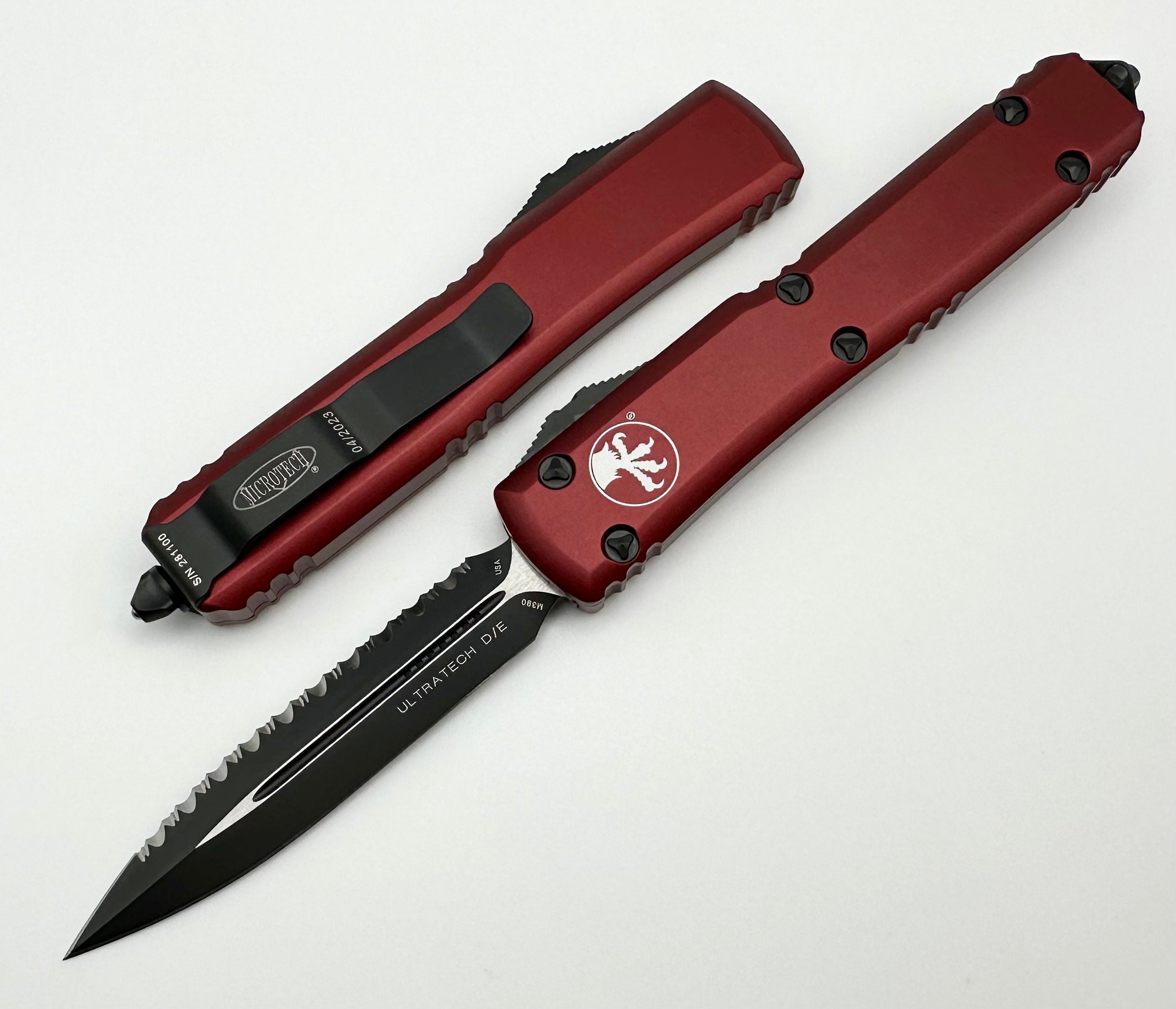 Microtech Ultratech Premium Double Edge Knife - Black Full Serrated & Merlot Finish