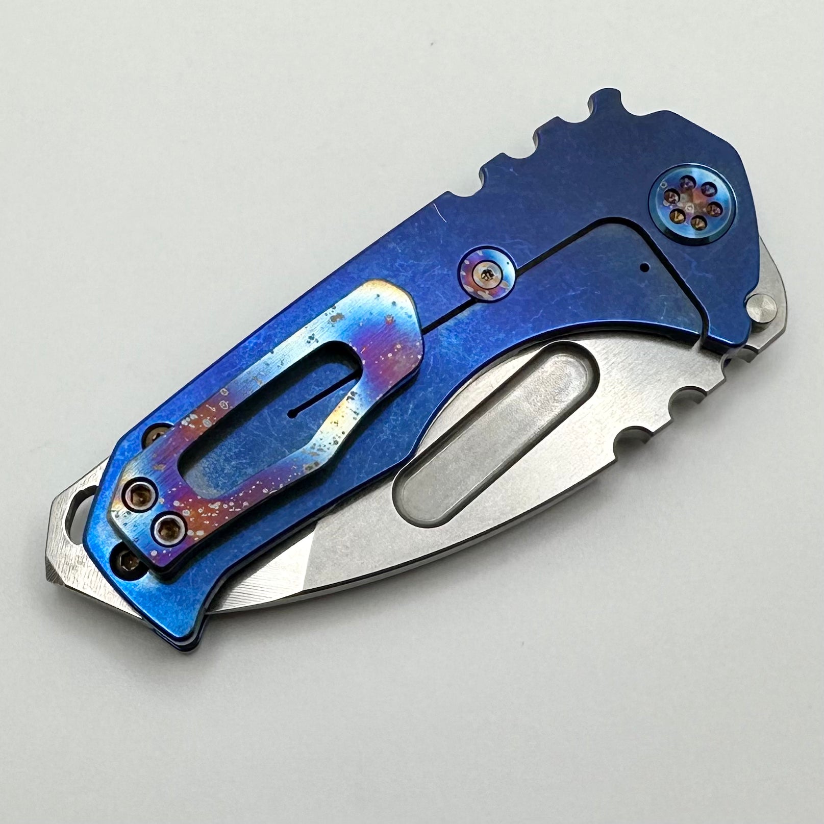 Medford Praetorian Genesis T Blue Tumbled Handles - Premium Folding Knife with Flamed Hardware & Galaxy Clip