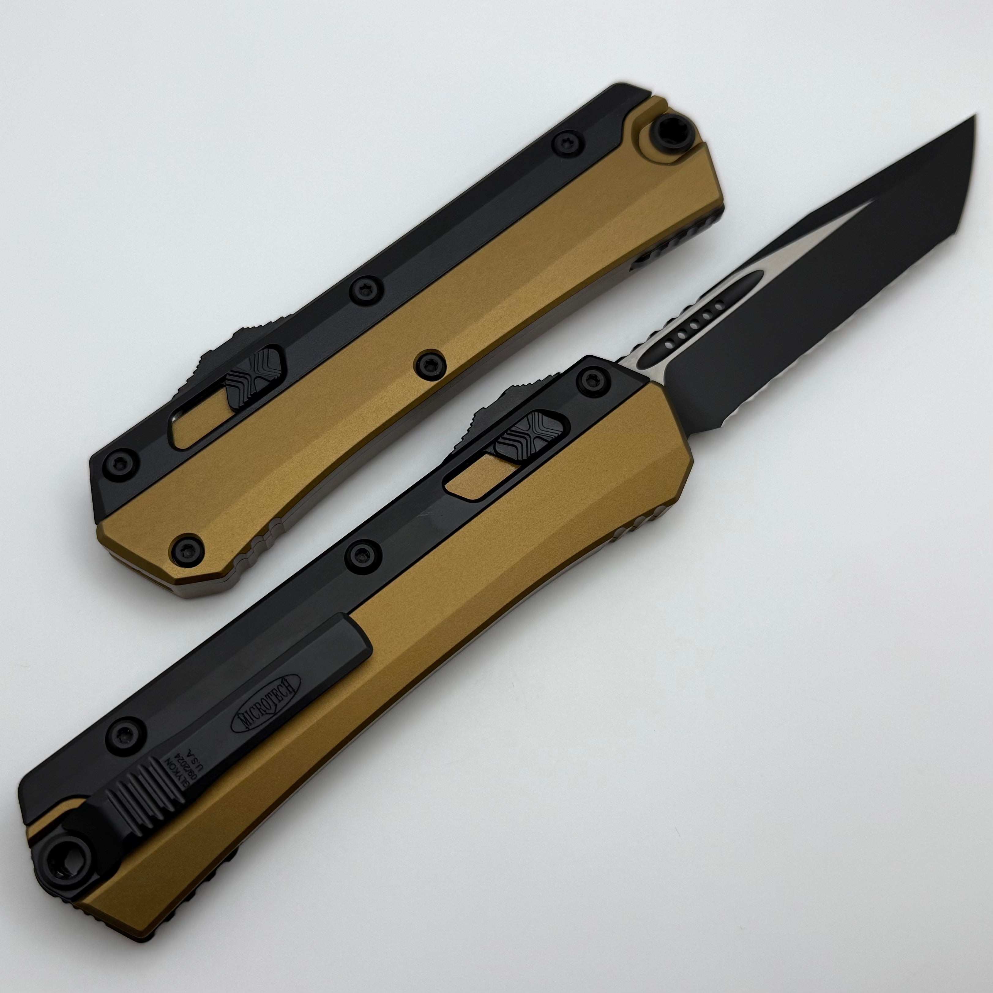 Premium Microtech Glykon Tan Tactical Knife - Black Full Serrated Tanto M390MK 185-3TA