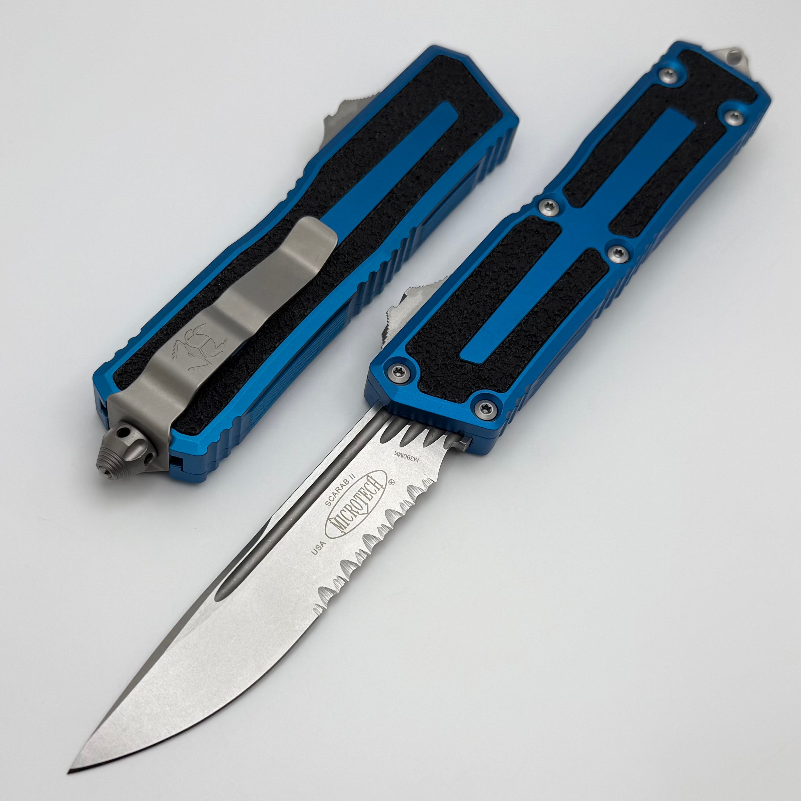 Premium Microtech Scarab 2 Gen 3 OTF Knife - Stonewash Partial Serrated with Blue Handles
