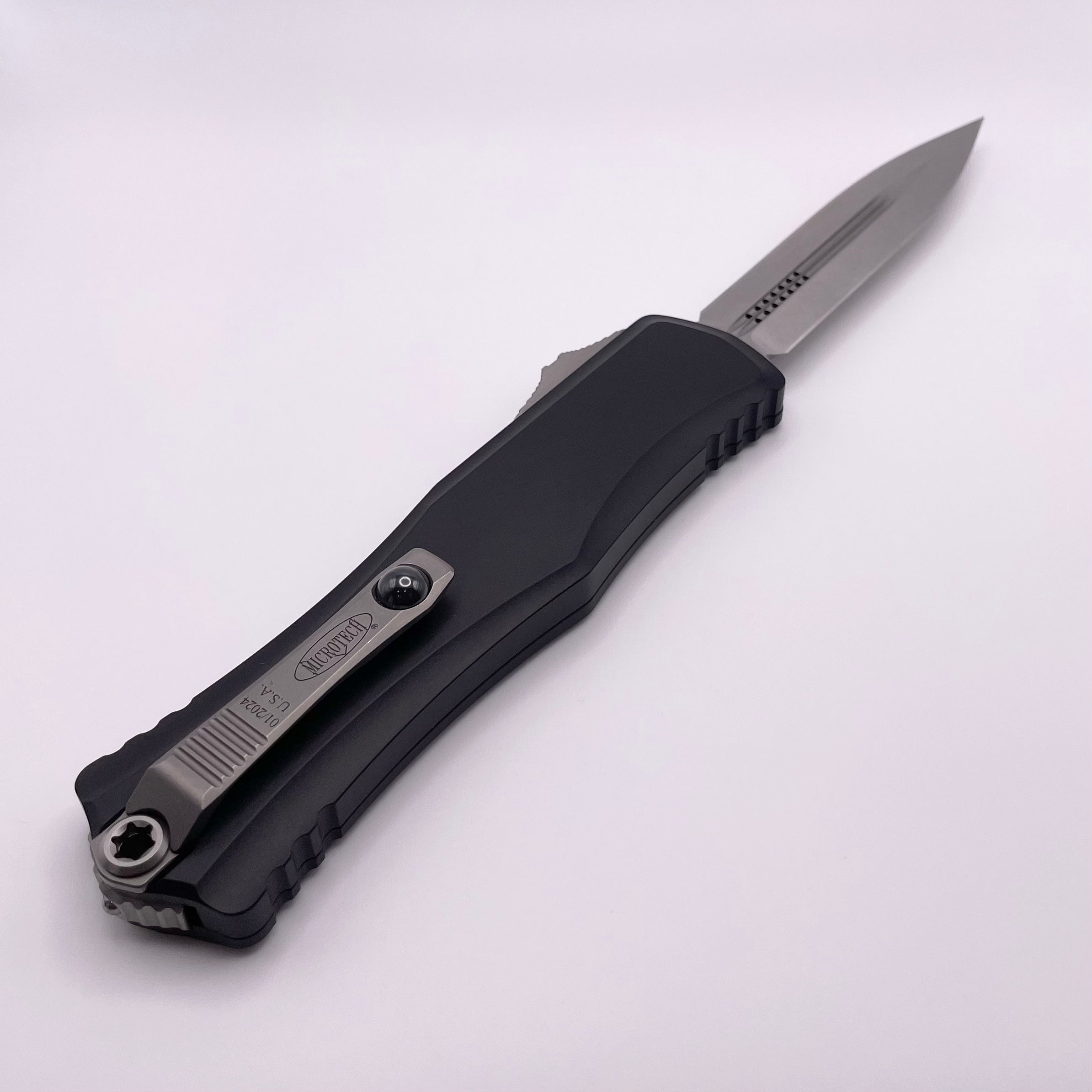 Premium Microtech Hera II Double Edge OTF Knife - Stonewash Finish, Black Handle