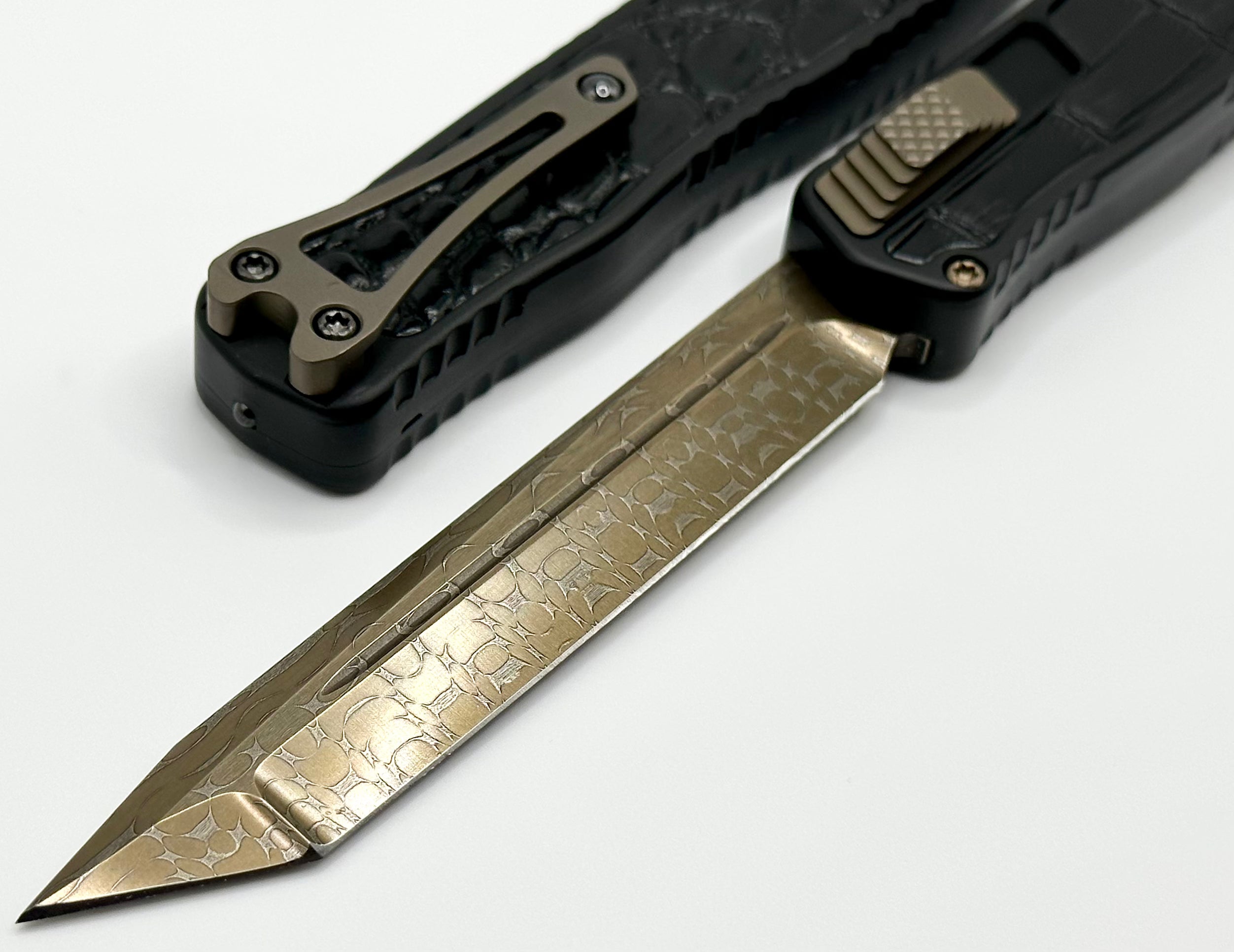 Heretic Knives Cleric II 2 - Premium Vegas Forge 3V Tanto Blade with Bronze Damascus & Crocodile Inlays