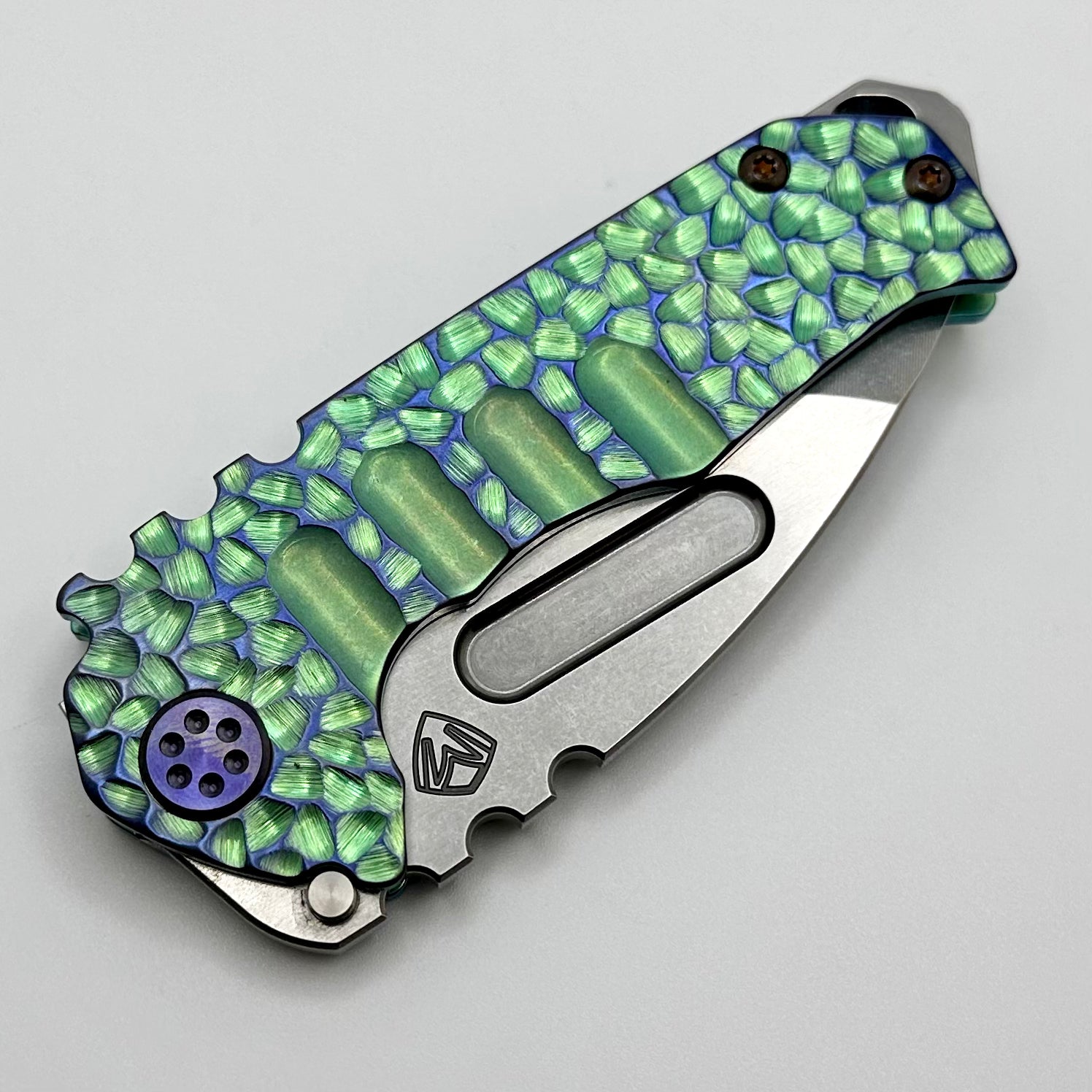 Medford Praetorian Genesis Tanto Knife - Ecto Green with Violet Hardware & S45VN Blade