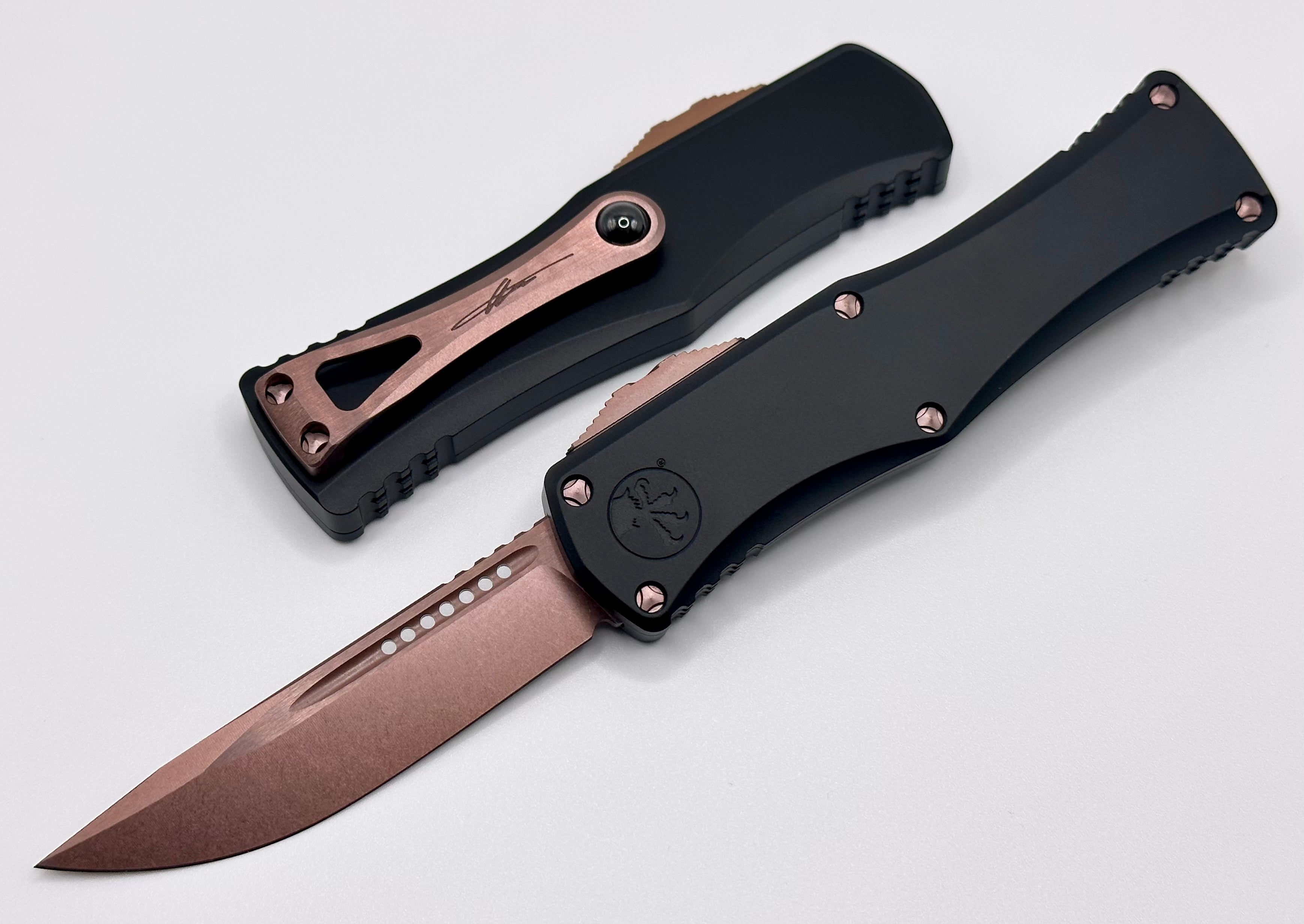 Premium Microtech Hera Deep Engraved Tactical Knife - Black & Rose Gold PVD Finish