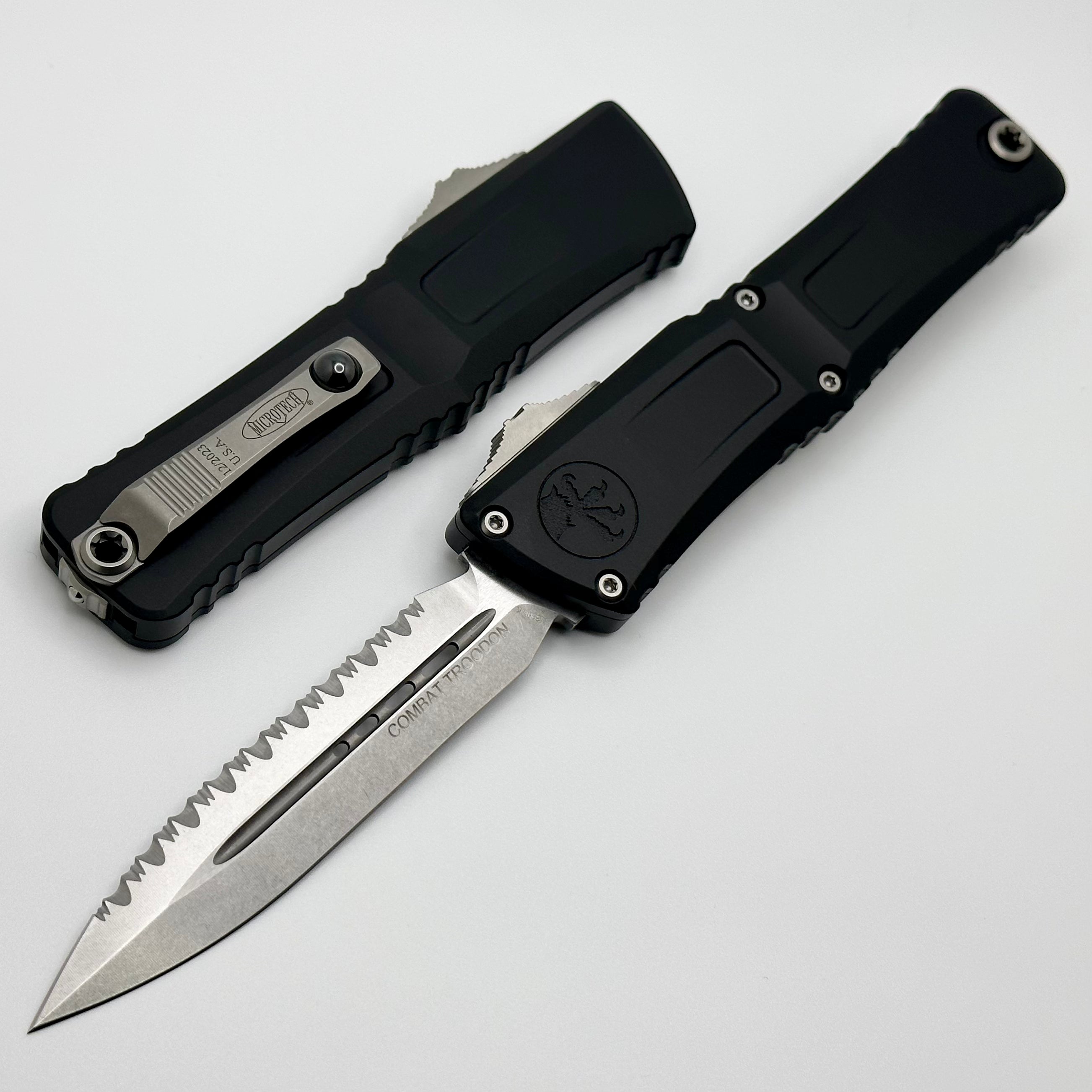 Premium Microtech Combat Troodon Gen III OTF Knife - Full Serrated Double Edge, Black Handle