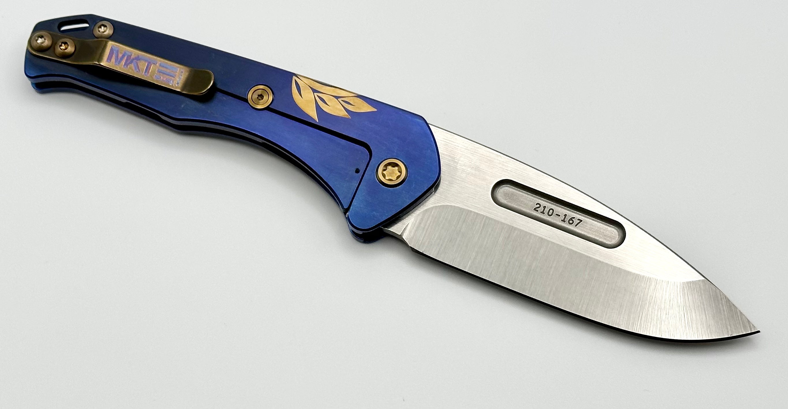 Medford Praetorian Slim Tumbled S45VN Drop Point - Premium Blue Filigree & Bronze Hardware