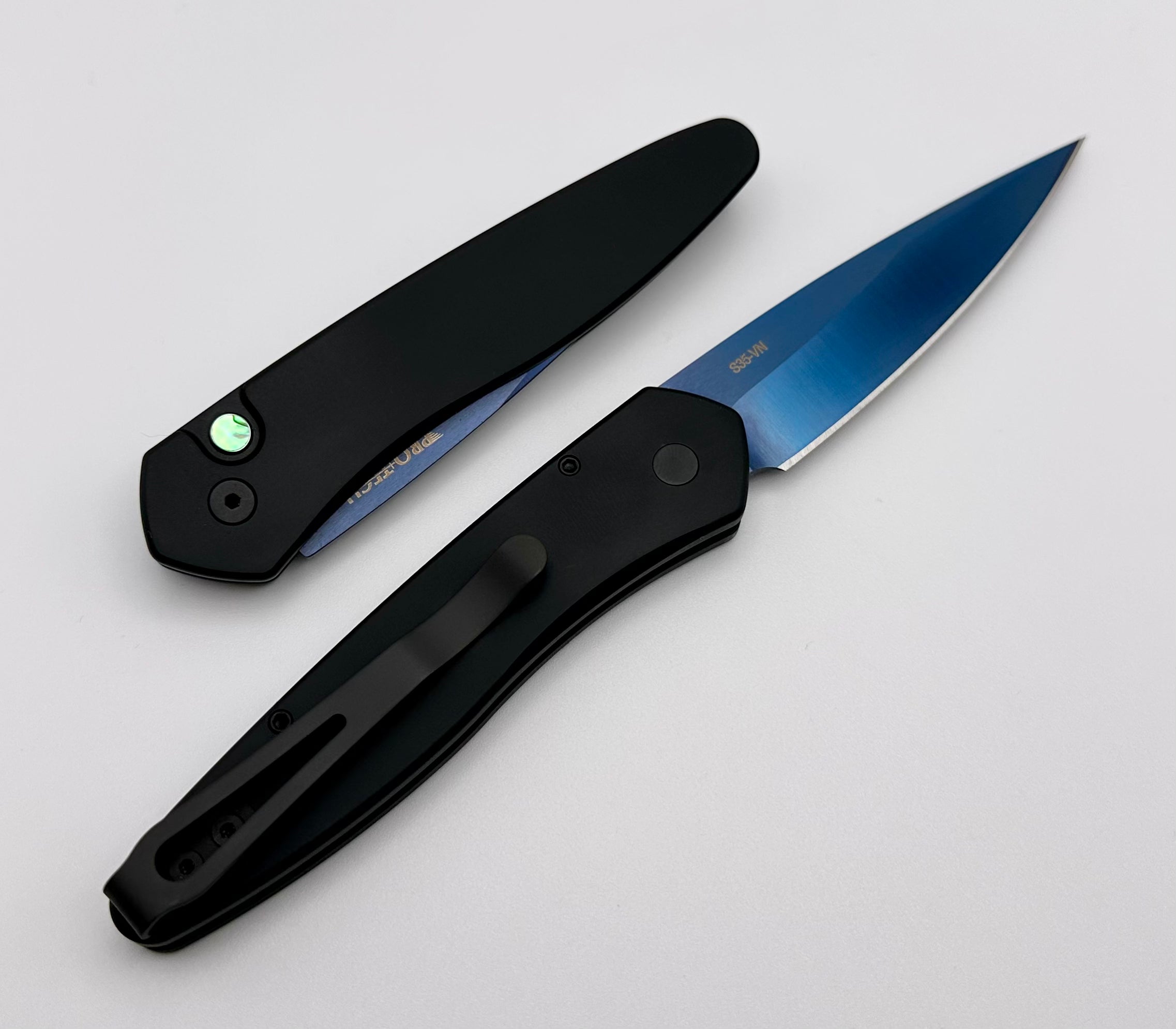 Premium Pro-Tech Newport Knife - Black Aluminum Handle with Abalone Button & S35VN Steel Blade