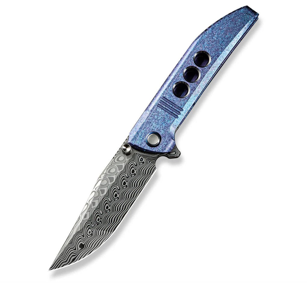 WE Knife Ezinta Flipper: Premium Crystalized Blue/Purple Titanium Integral Handle with Damasteel Blade