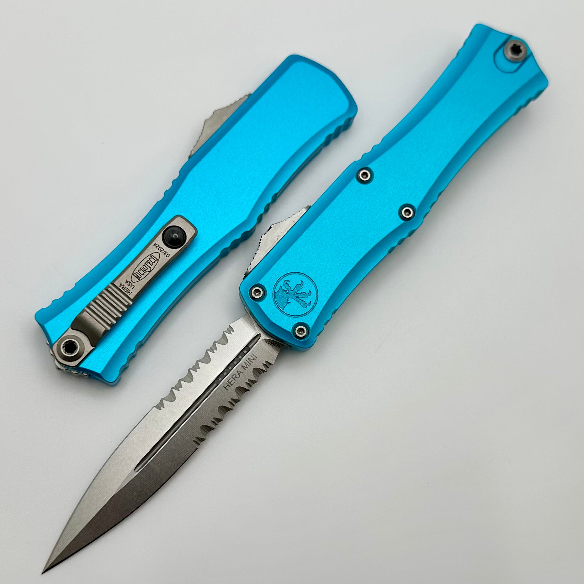 Microtech Mini Hera Premium OTF Knife - M390MK Blade, Turquoise Handle