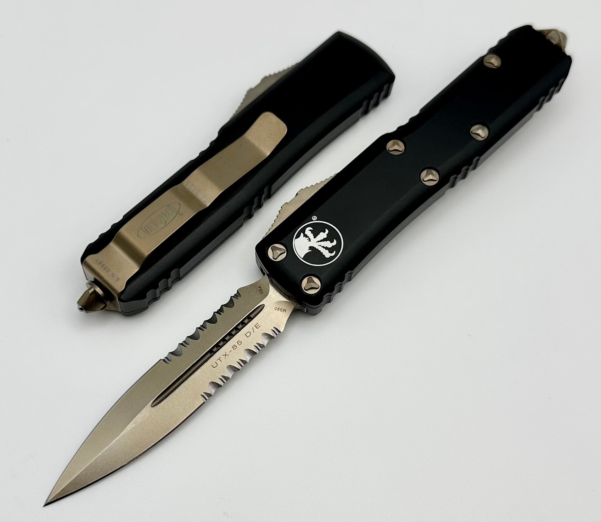 Premium Microtech UTX-85 EDC Knife - Black & Bronze Double Edge Serrated