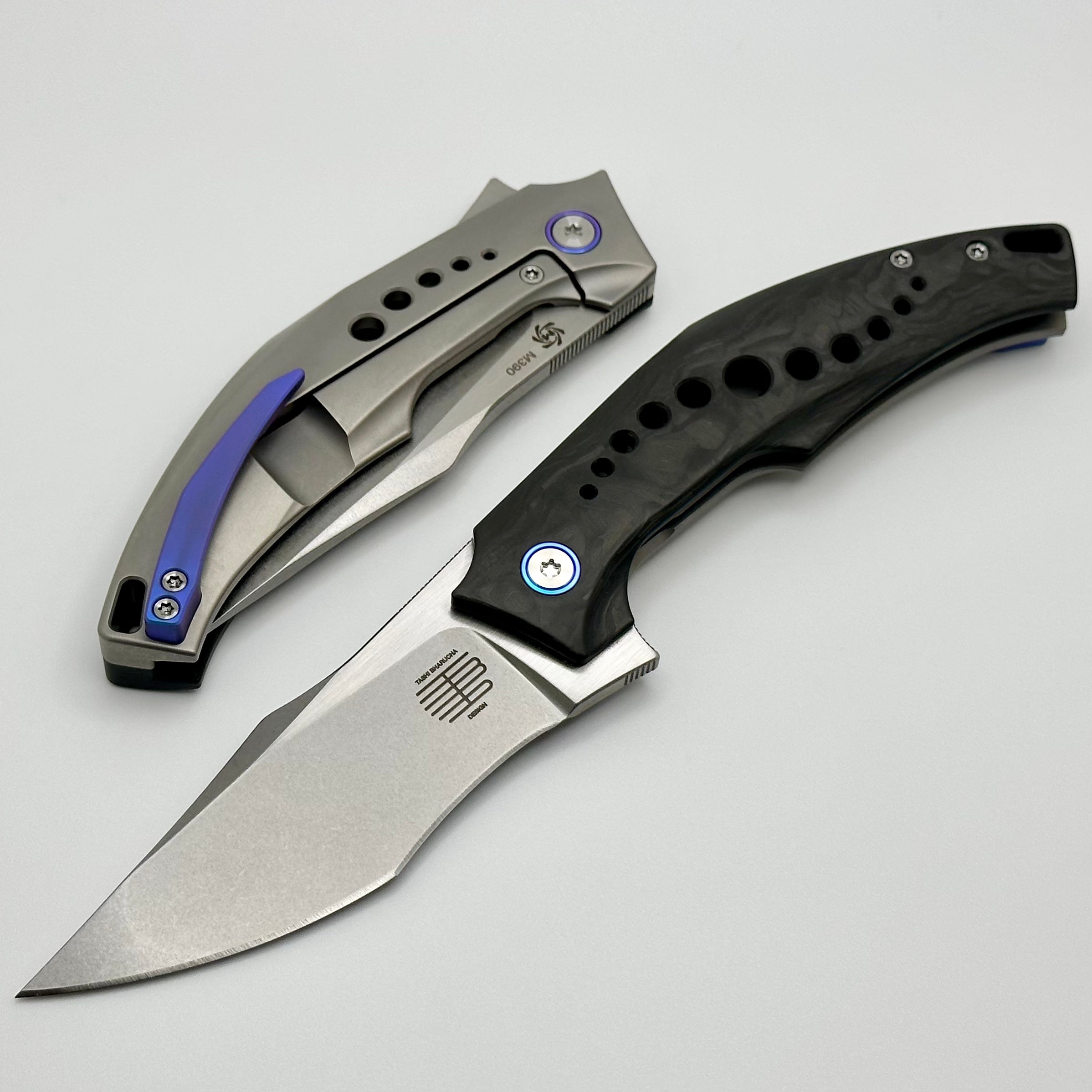 Premium Tashi SOS Folding Knife - M390 Steel & Carbon Fiber/Titanium Handles with Blue Accents