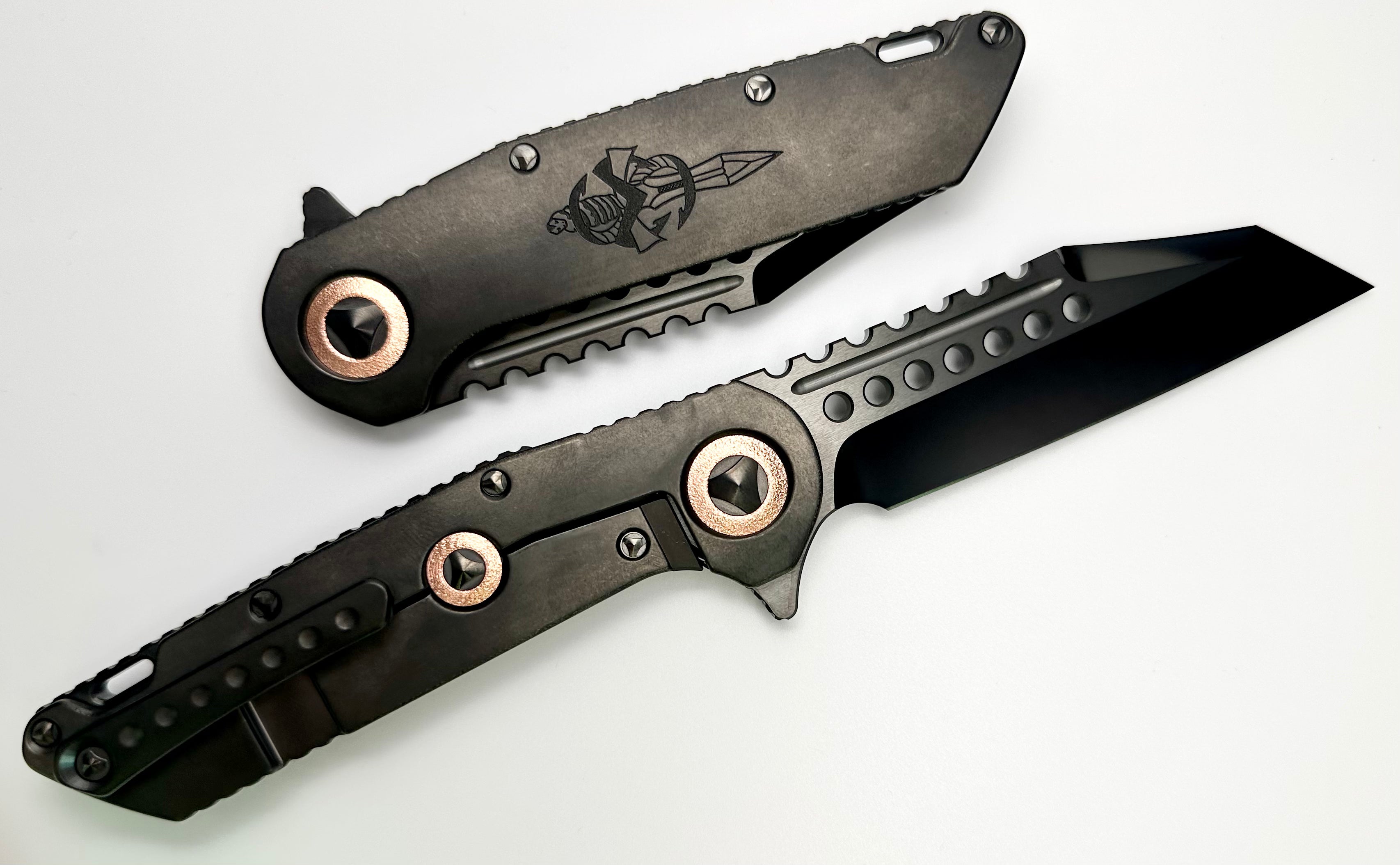 Marfione Custom Knives Warhound: Premium DLC Stonewash Titanium Folder with Deep Engraved Dagger Relief & CTS-204P Blade