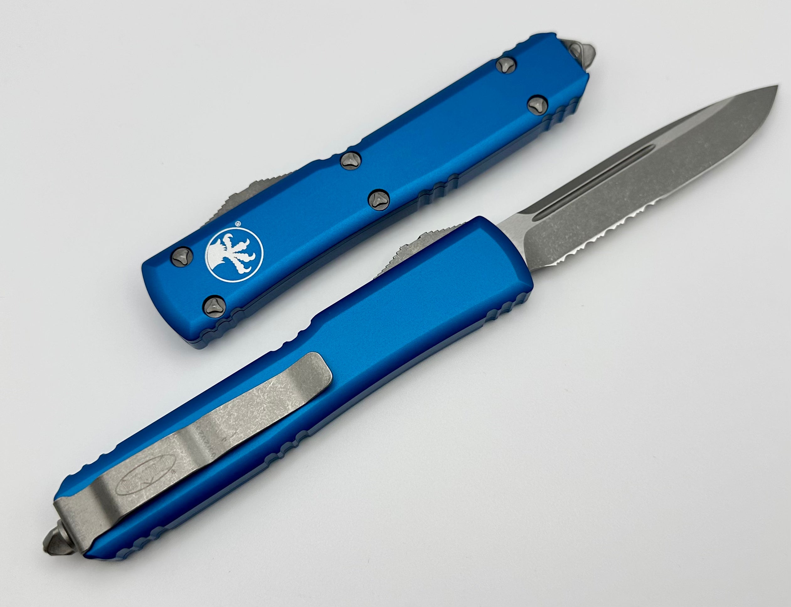 Microtech Ultratech Ultimate OTF Knife - Apocalyptic Partial Serrated & Blue