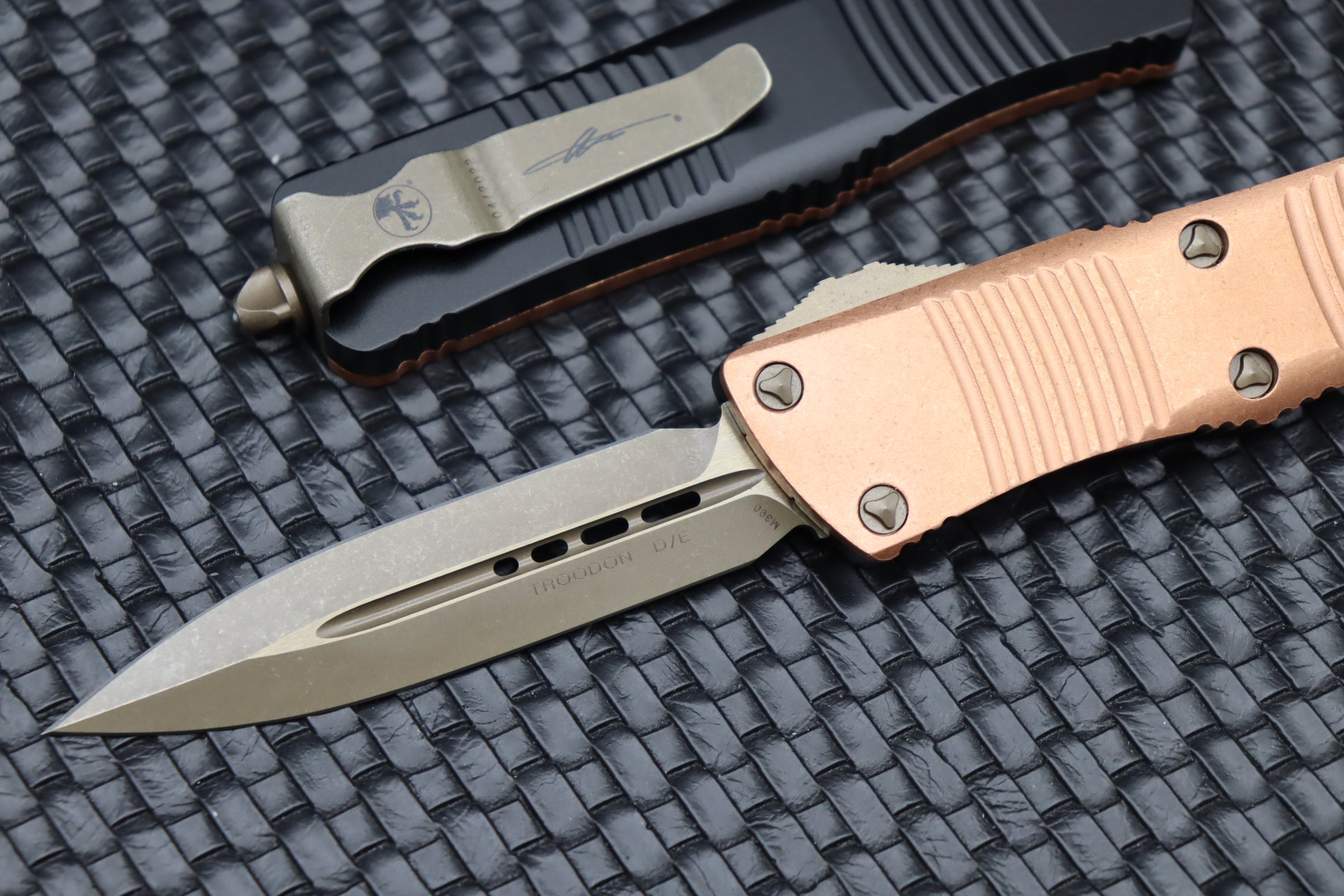 Microtech Troodon Bronze Double Edge & Copper Top Signature Series | Premium Compact OTF Knife