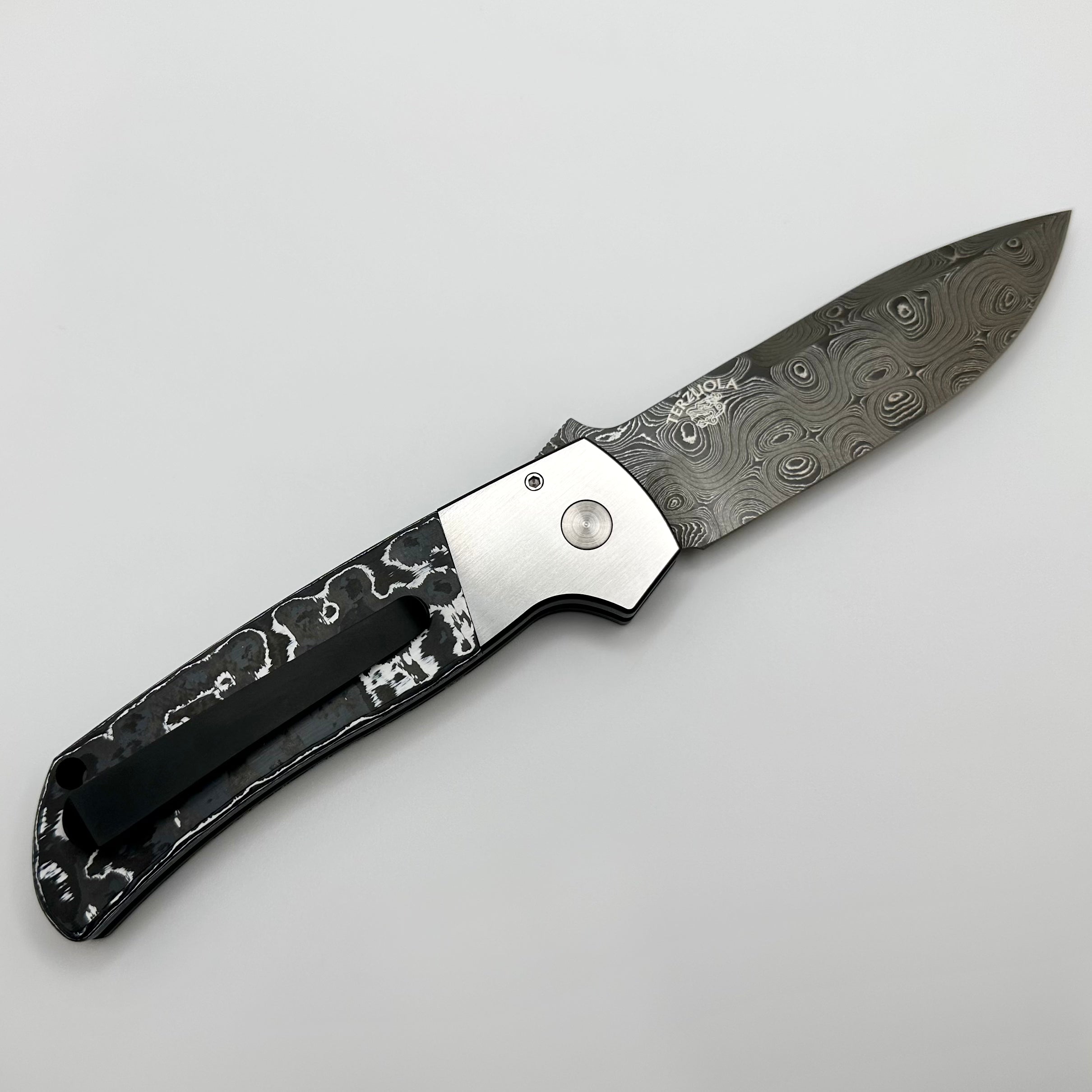 Pro-Tech ATCF Monochrome Custom Two Tone DLC 416 Steel w/ White Storm Fat Carbon Inlays & Black Lip Pearl Button w/ Chad Nichols Virus Damascus Enthusiast 2023 Edition PRE OWNED