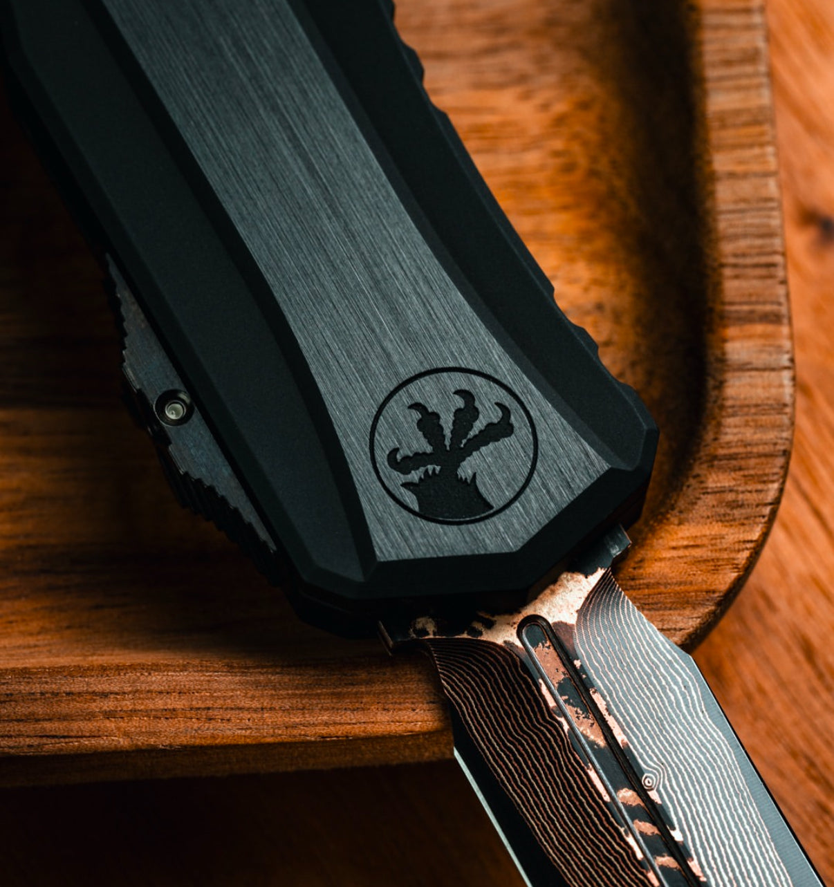 Microtech Marfione Select Cypher II Ultimate Tactical Knife - Black w/ Tritium Inlay & D/E Baker Forge Copper-Mai