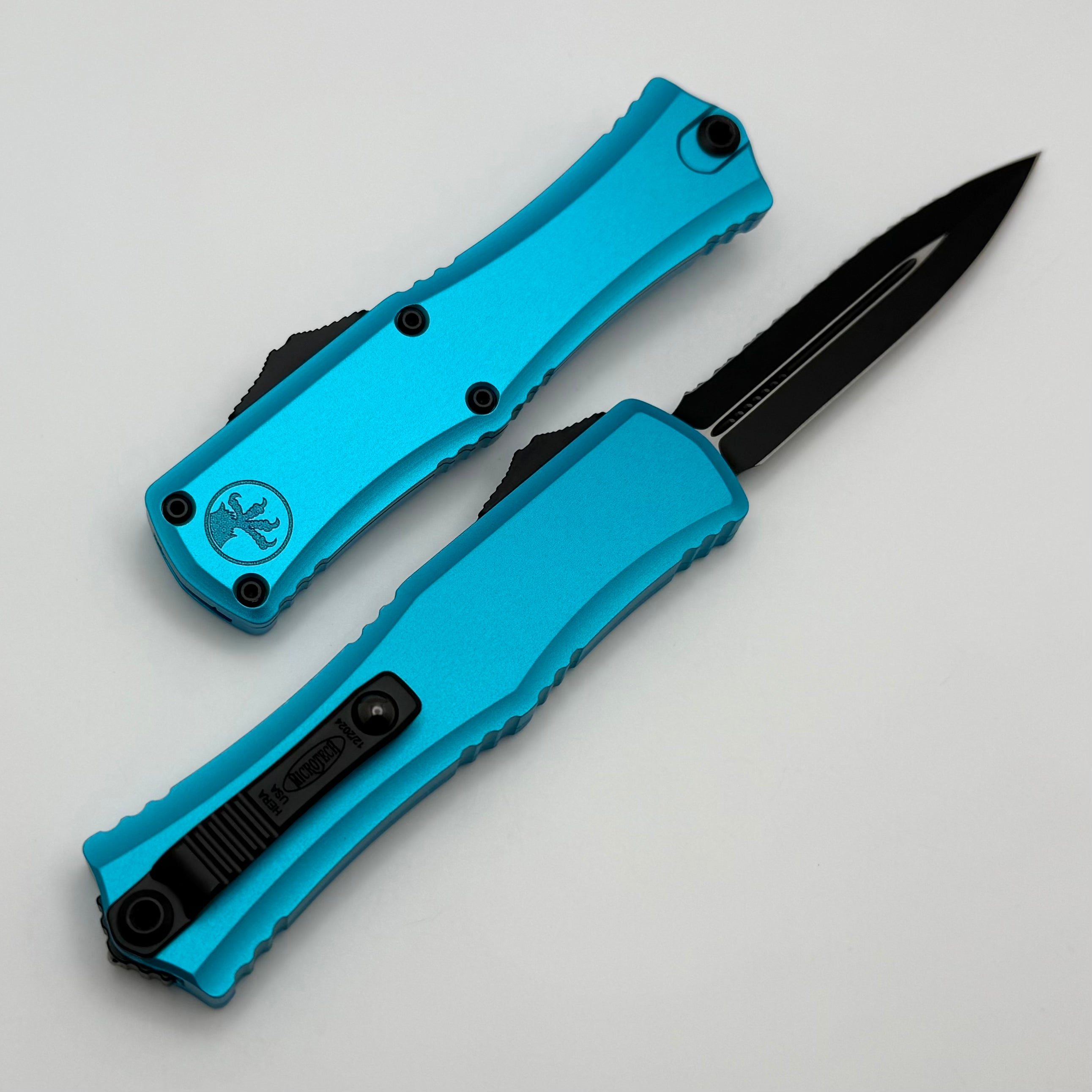 Microtech Mini Hera Ultimate Black Serrated OTF Knife with Turquoise Handle