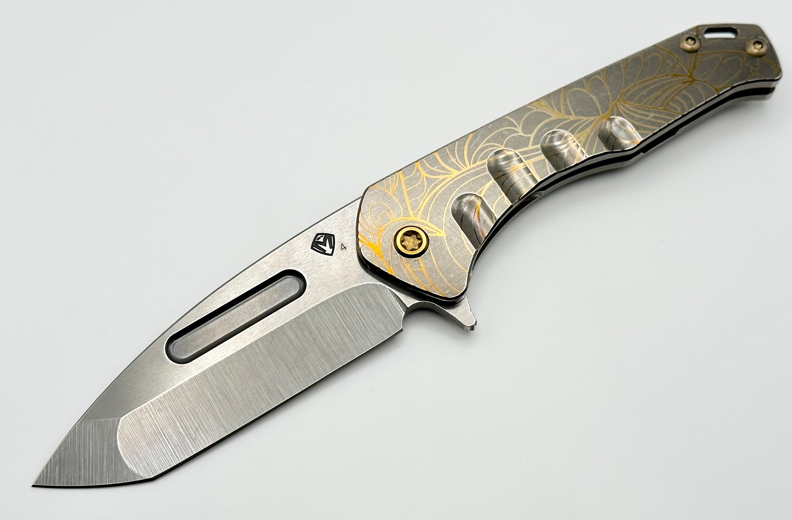 Premium Medford Praetorian Slim Flipper - S45VN Tanto Blade & Bronze Art Nouveau Engraved Handles