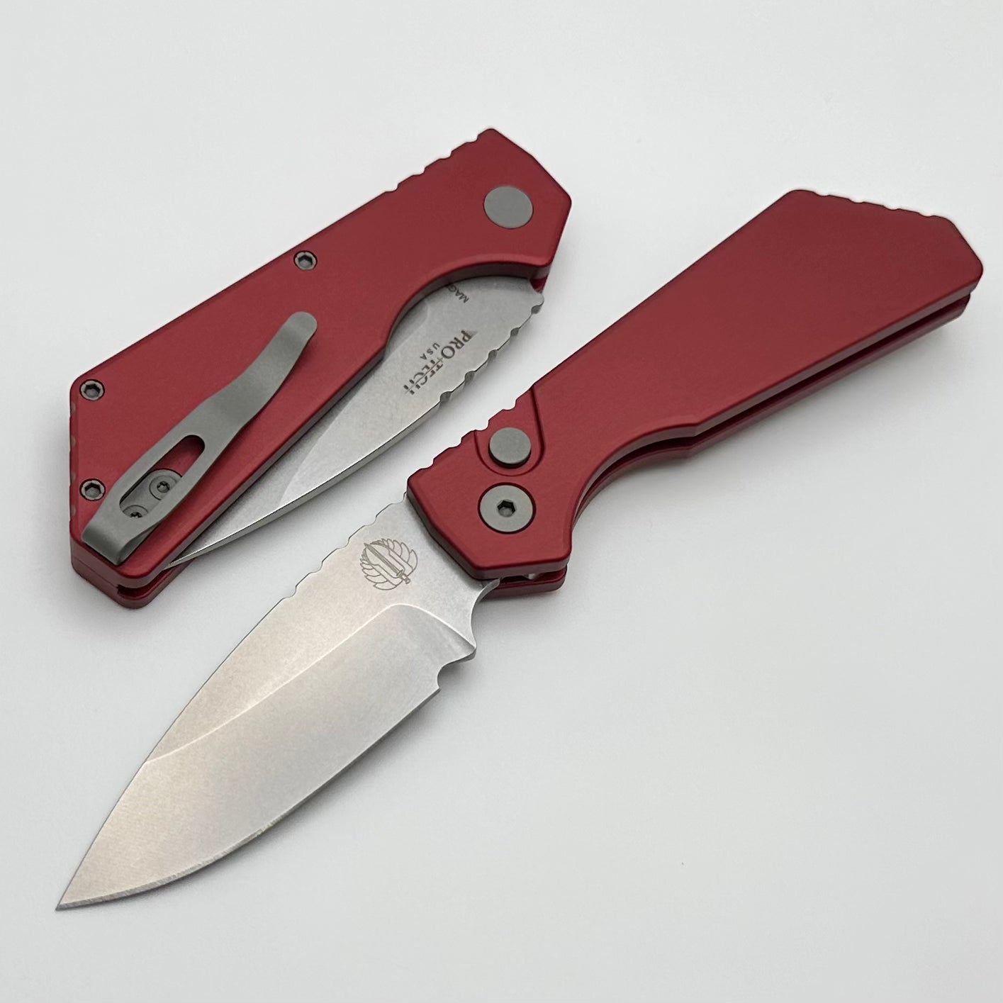 Premium Pro-Tech PT Plus Folding Knife - Red Aluminum Handle & Stonewash MagnaCut Blade