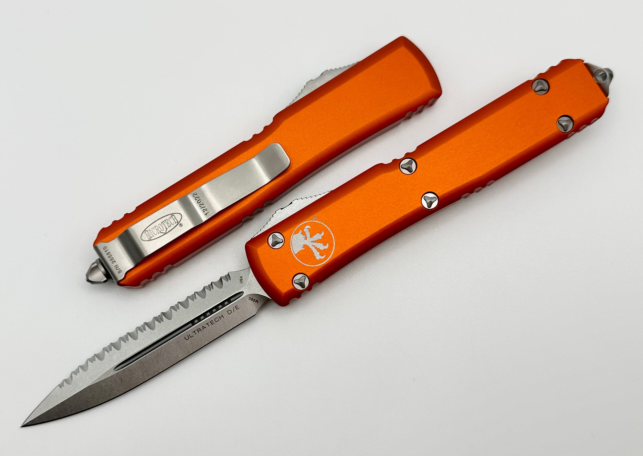 Microtech Ultratech Premium Orange Double Edge Knife - Full Serrated Stonewash